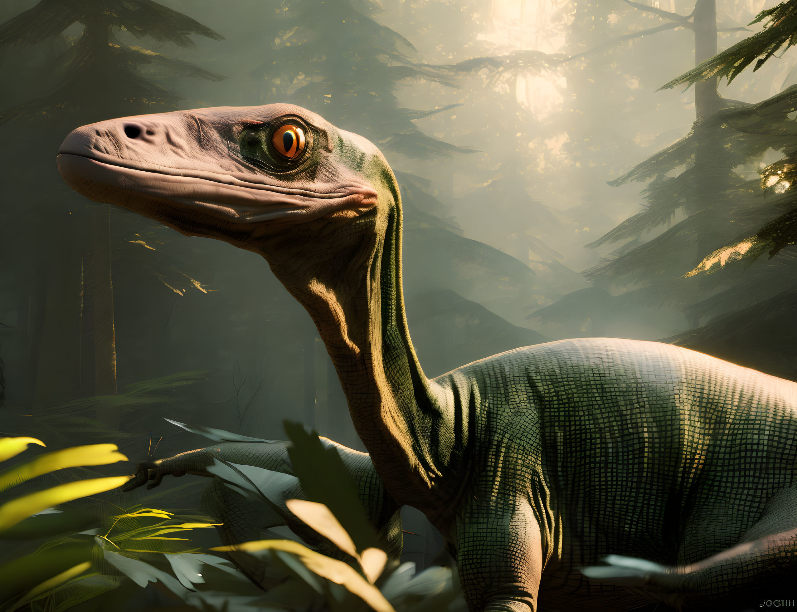 Detailed dinosaur illustration in lush forest with piercing eyes and sunlight.