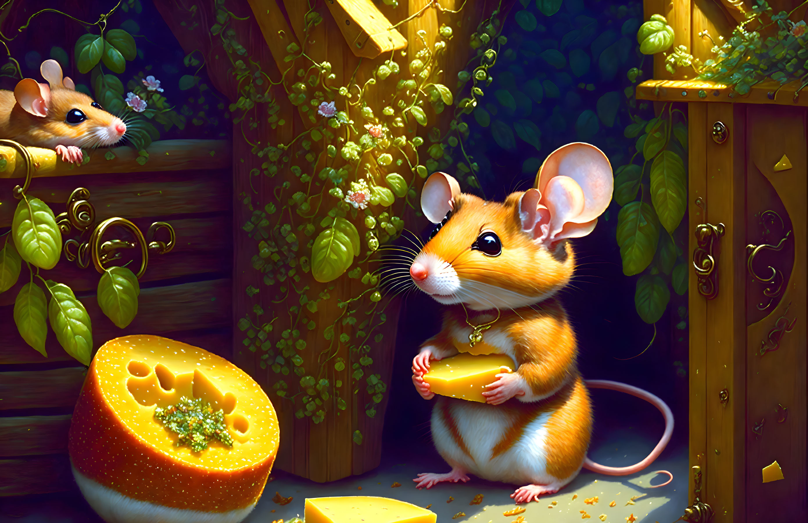 Detailed Illustration of Mouse with Cheese and Wooden Elements