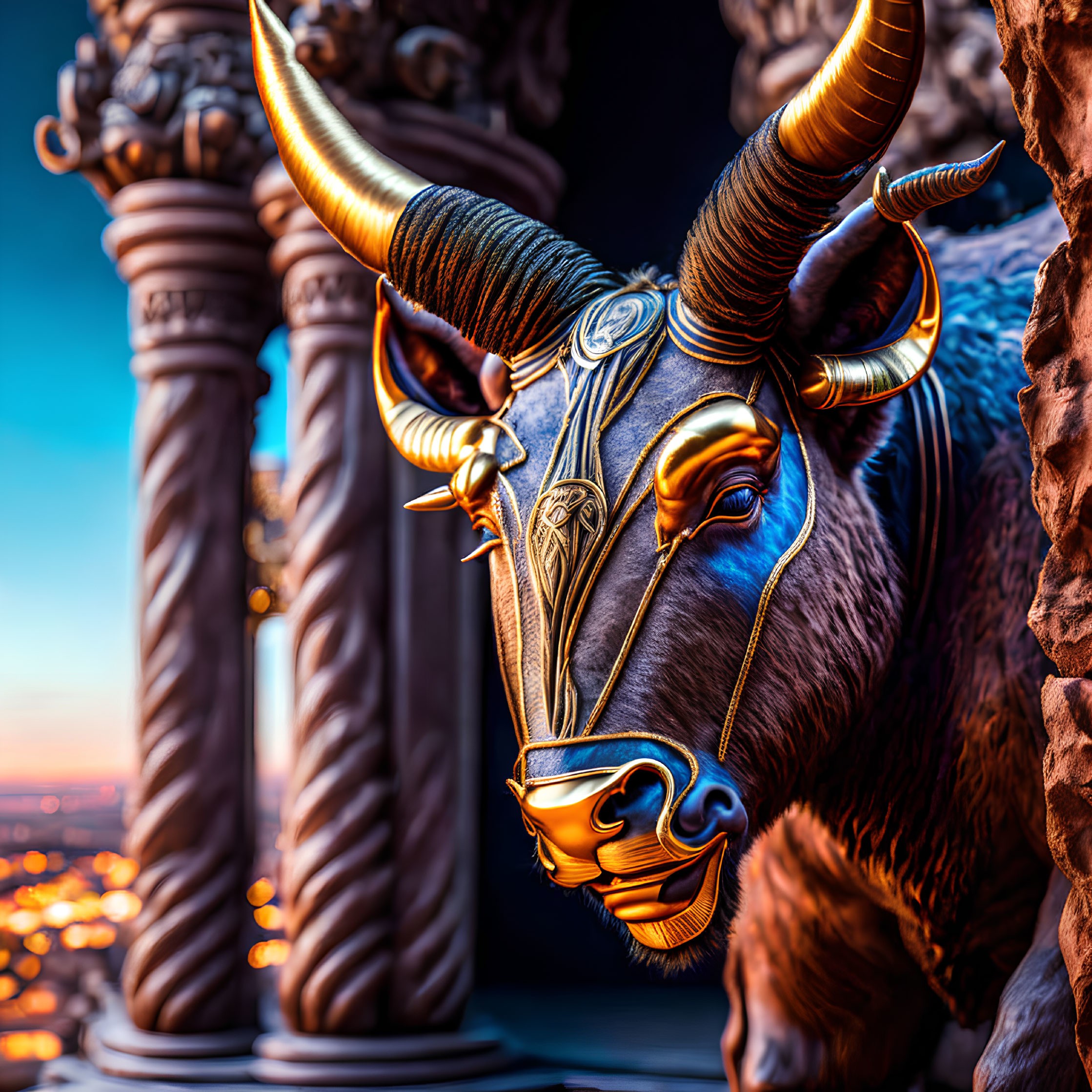 Stylized metallic bull with intricate designs and large horns in cityscape sunset.