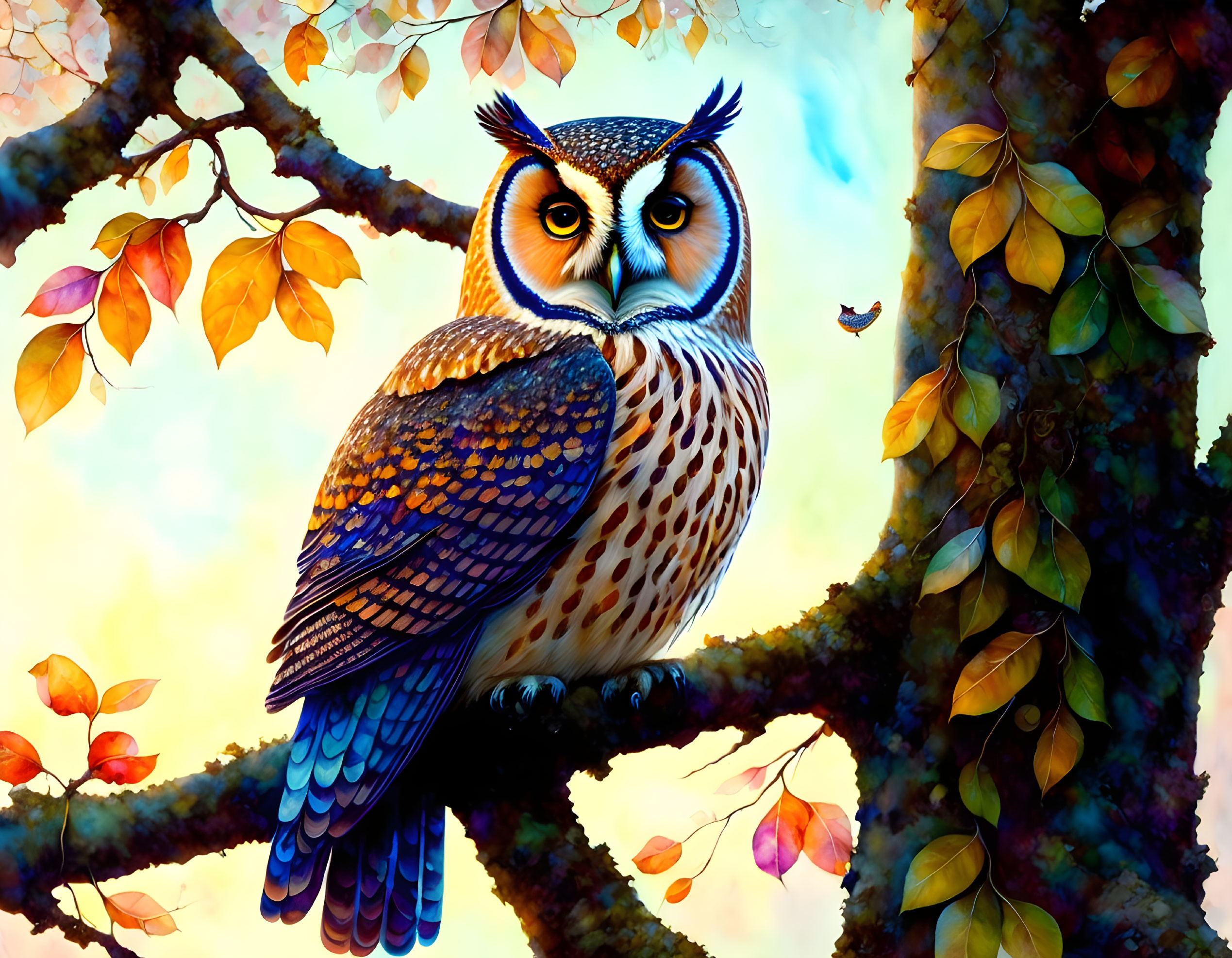 Colorful owl illustration on branch with sunset sky