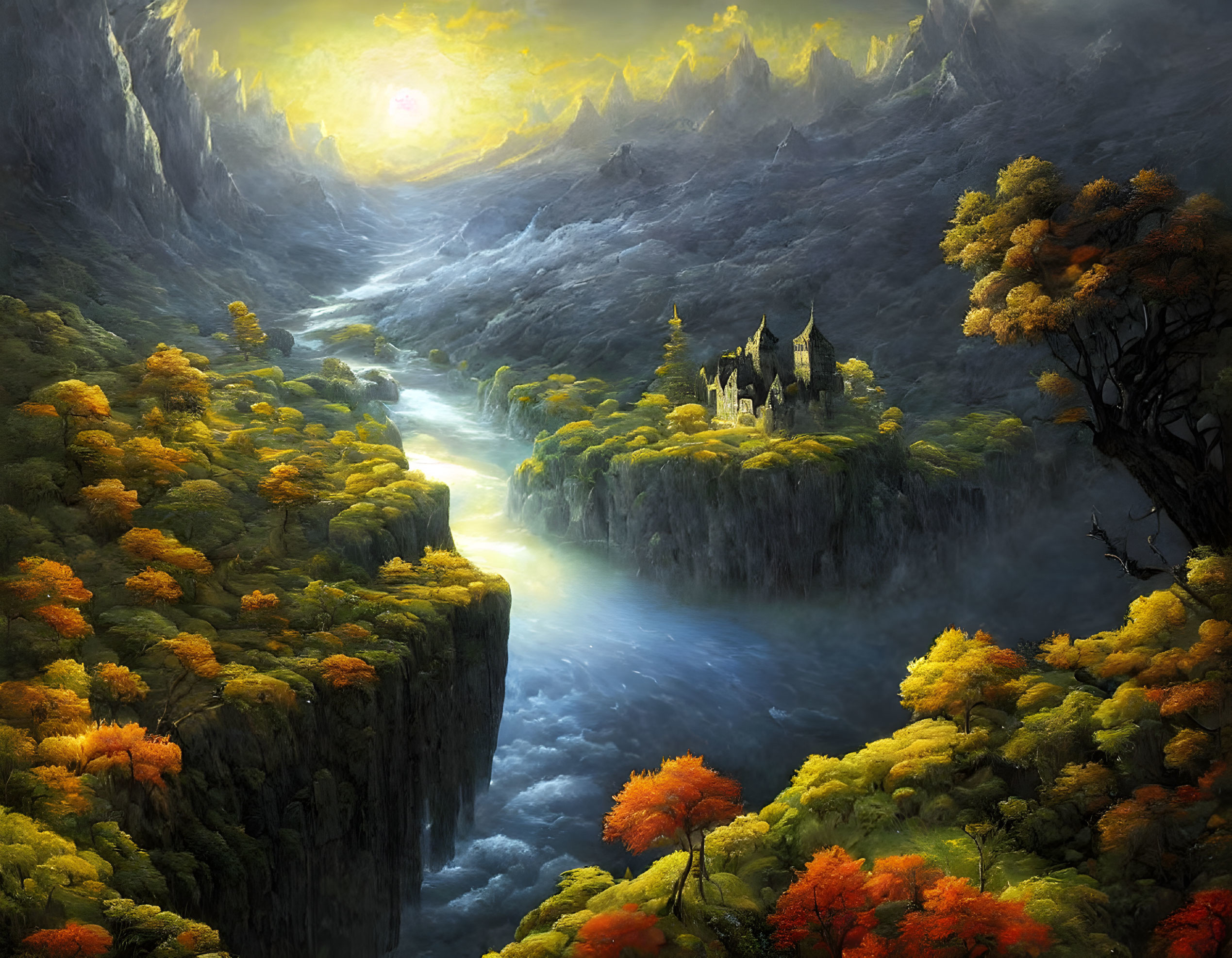 Fantastical landscape with castle on cliff, autumn trees, river, sunrise, mountains