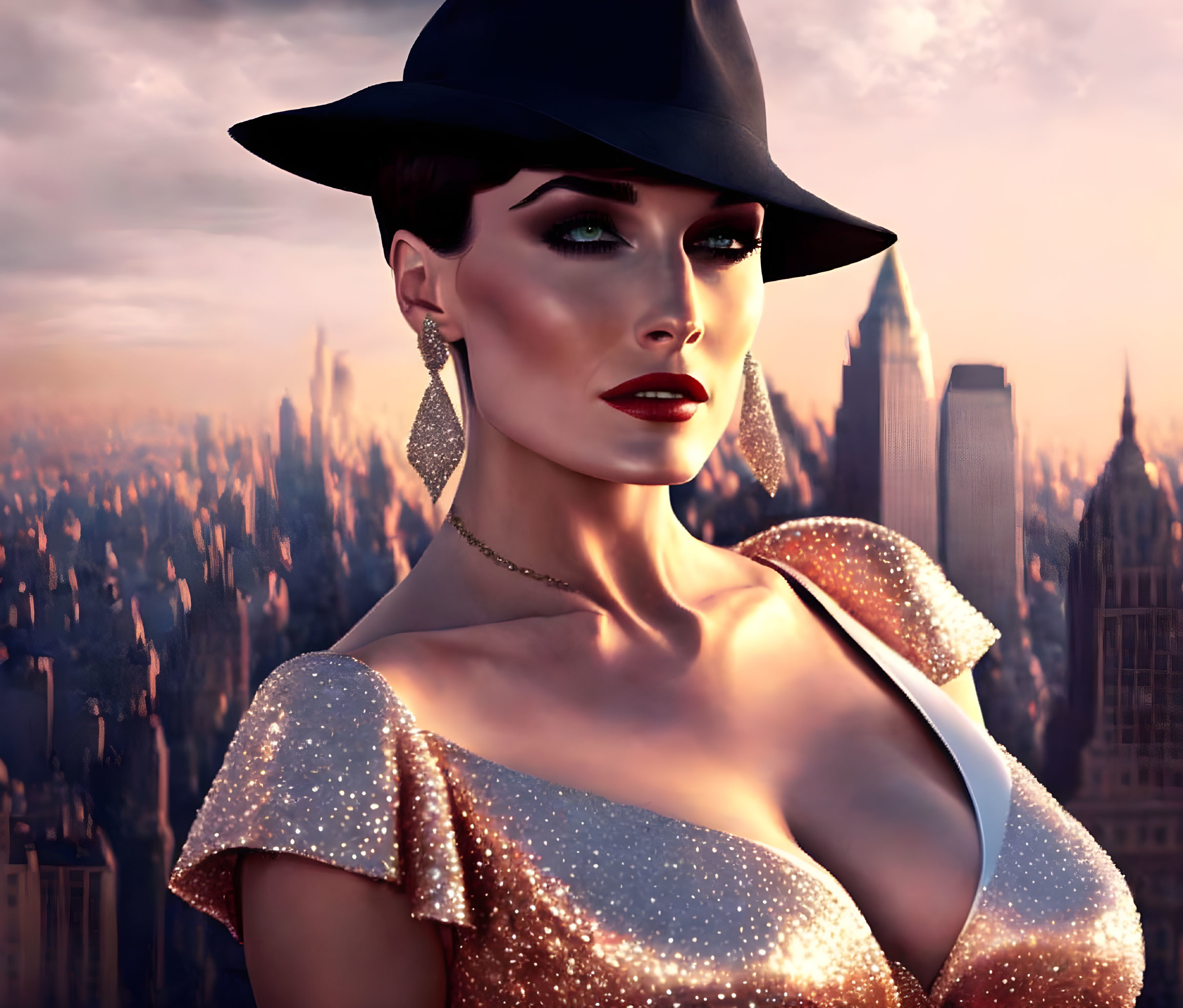 Stylish woman in glamorous attire against city skyline at sunset