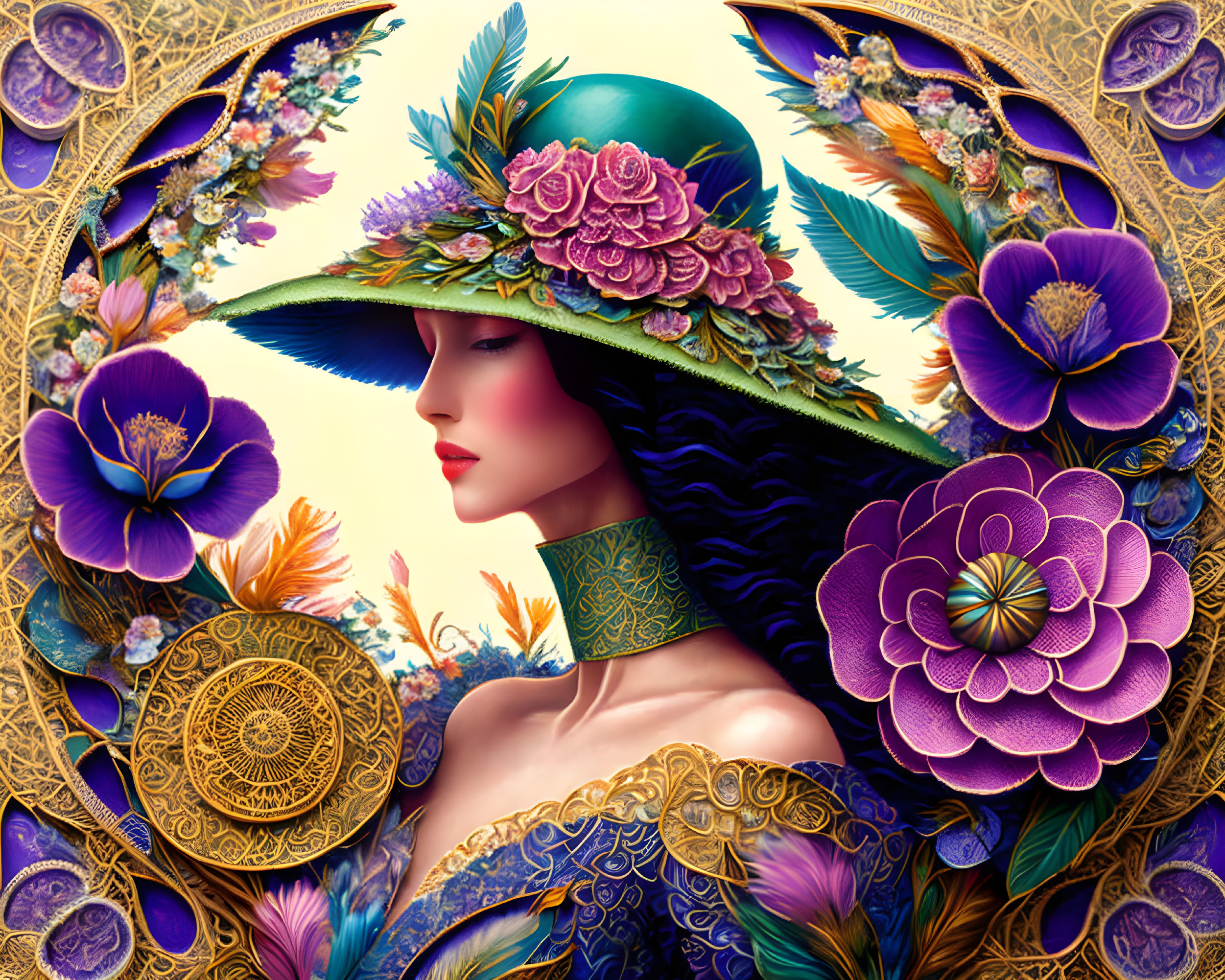 Stylized portrait of woman with floral hat and golden patterns