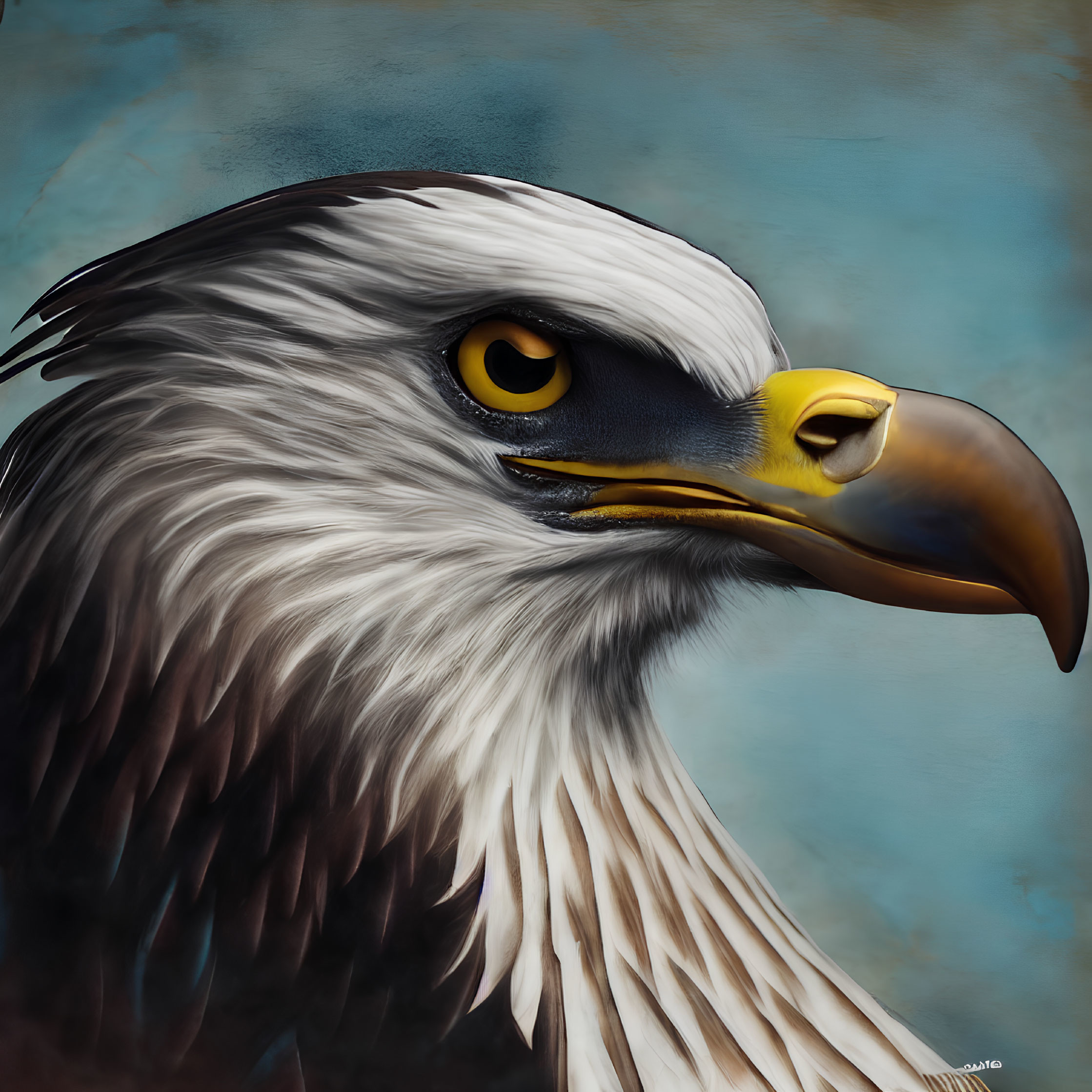 Detailed digital painting of an eagle with sharp beak and piercing yellow eye