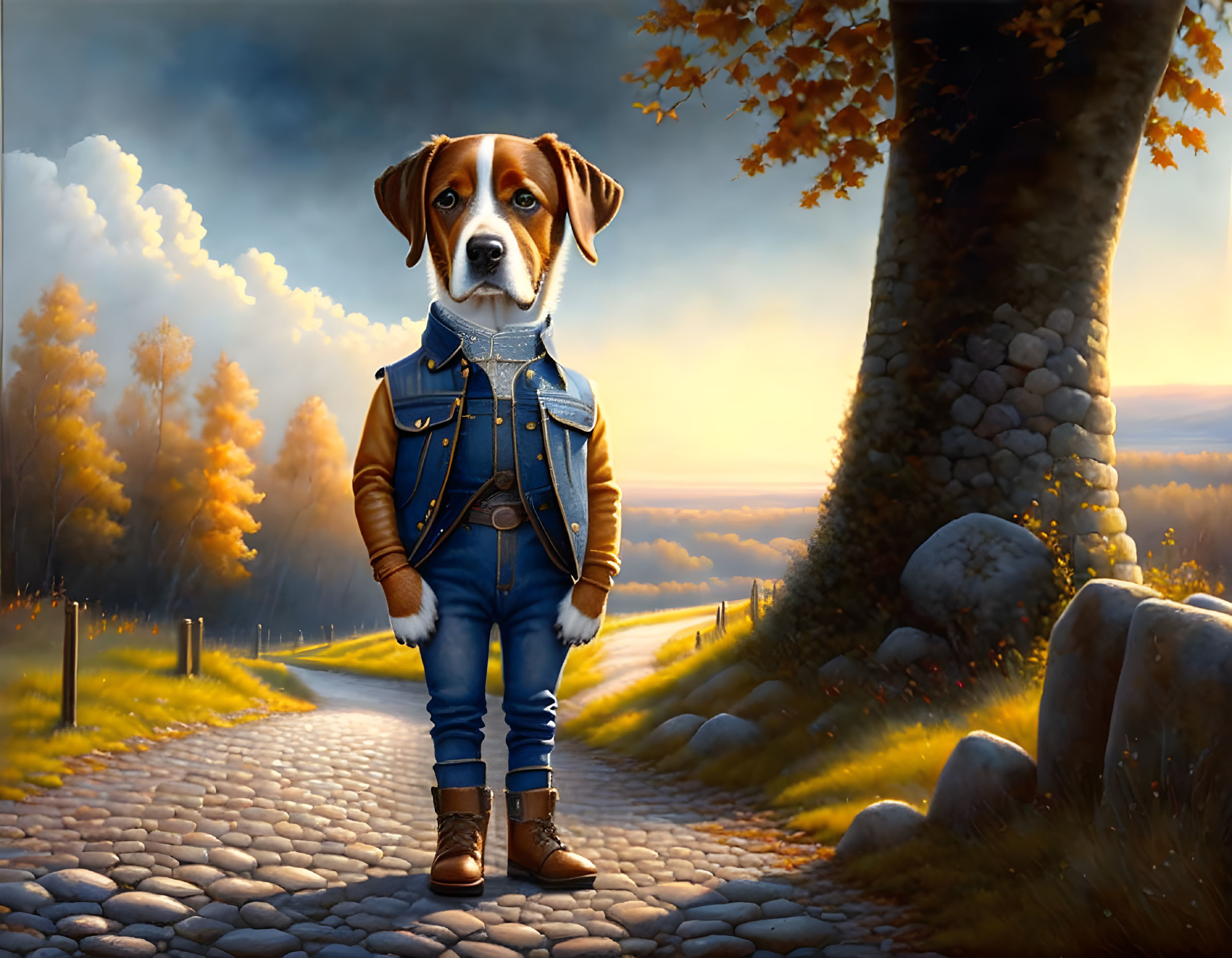 Dog in Denim Jacket Stands on Cobblestone Path at Sunset