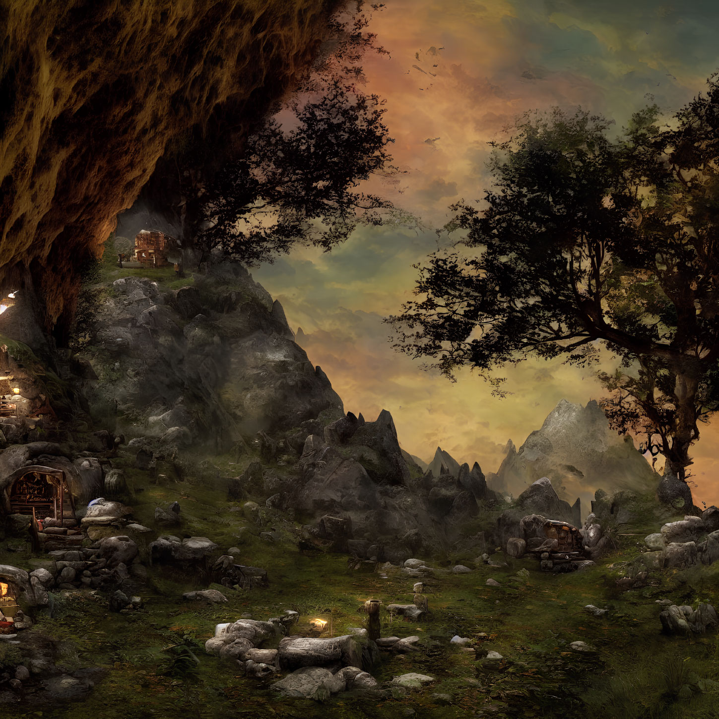 Fantasy landscape with rugged valley, tree, ruins, cave entrance, twilight sky