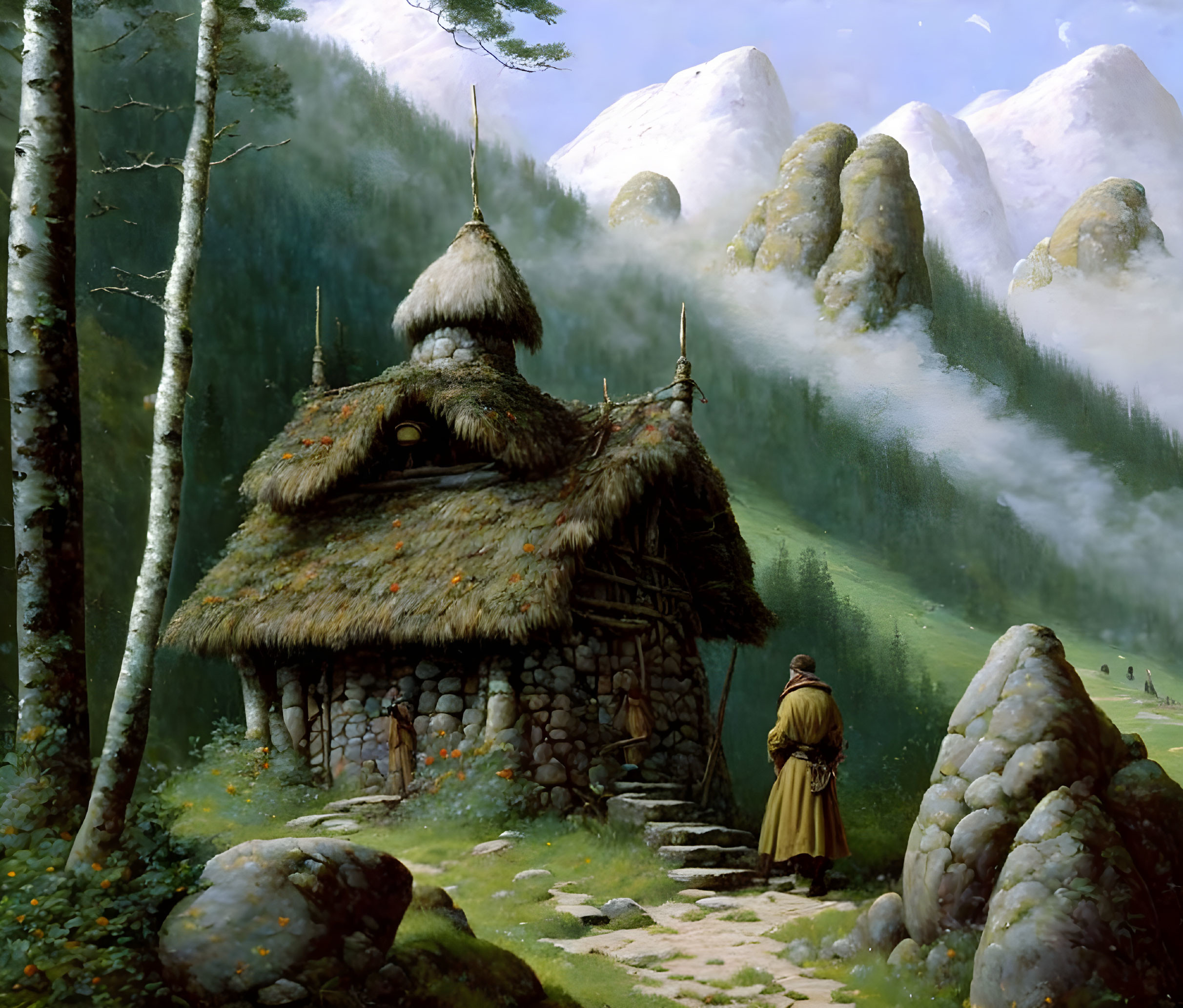 Thatched Roof Stone Cottage in Forest Clearing with Cloaked Figure