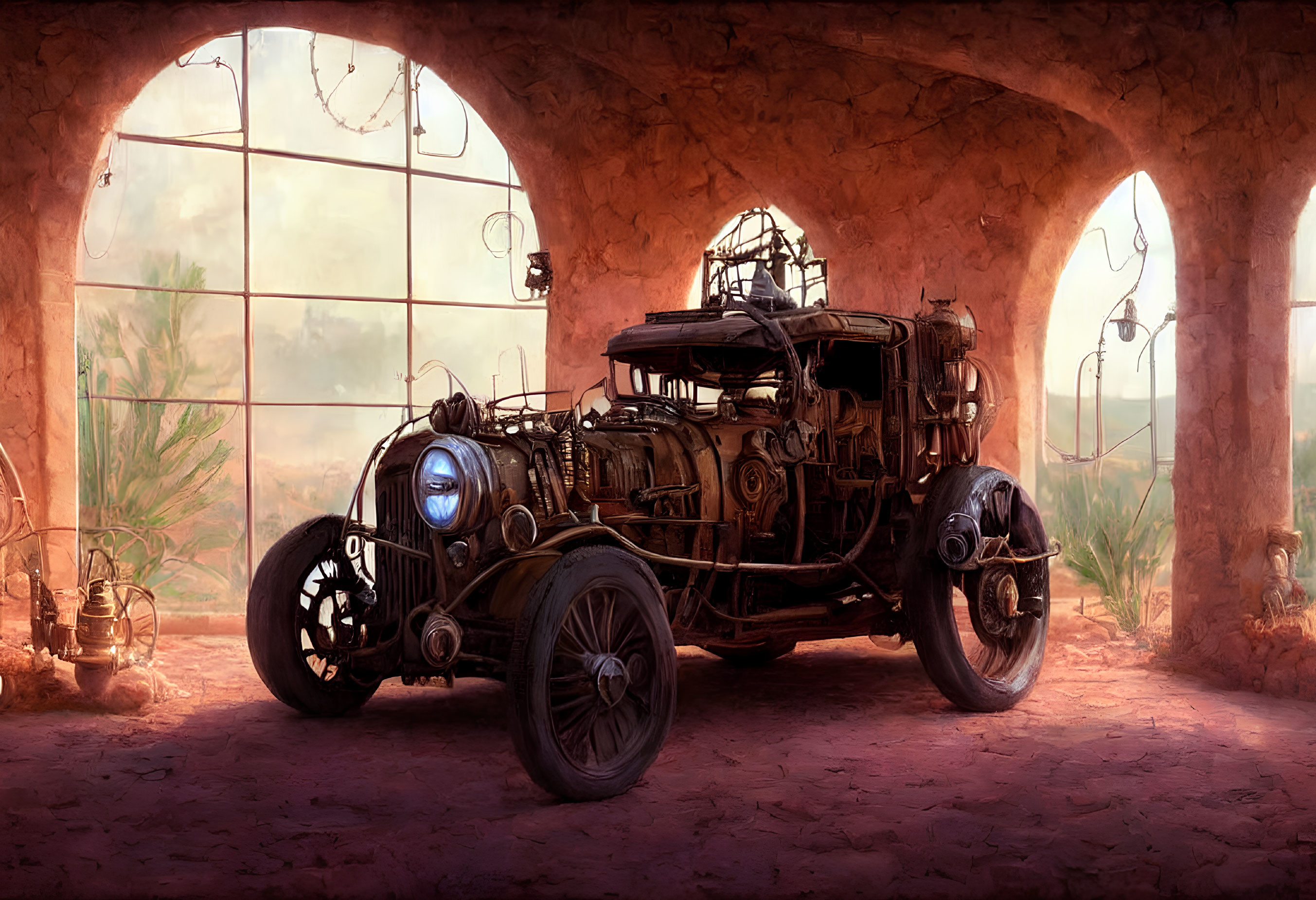 Detailed Steampunk-Style Car in Arched Hallway