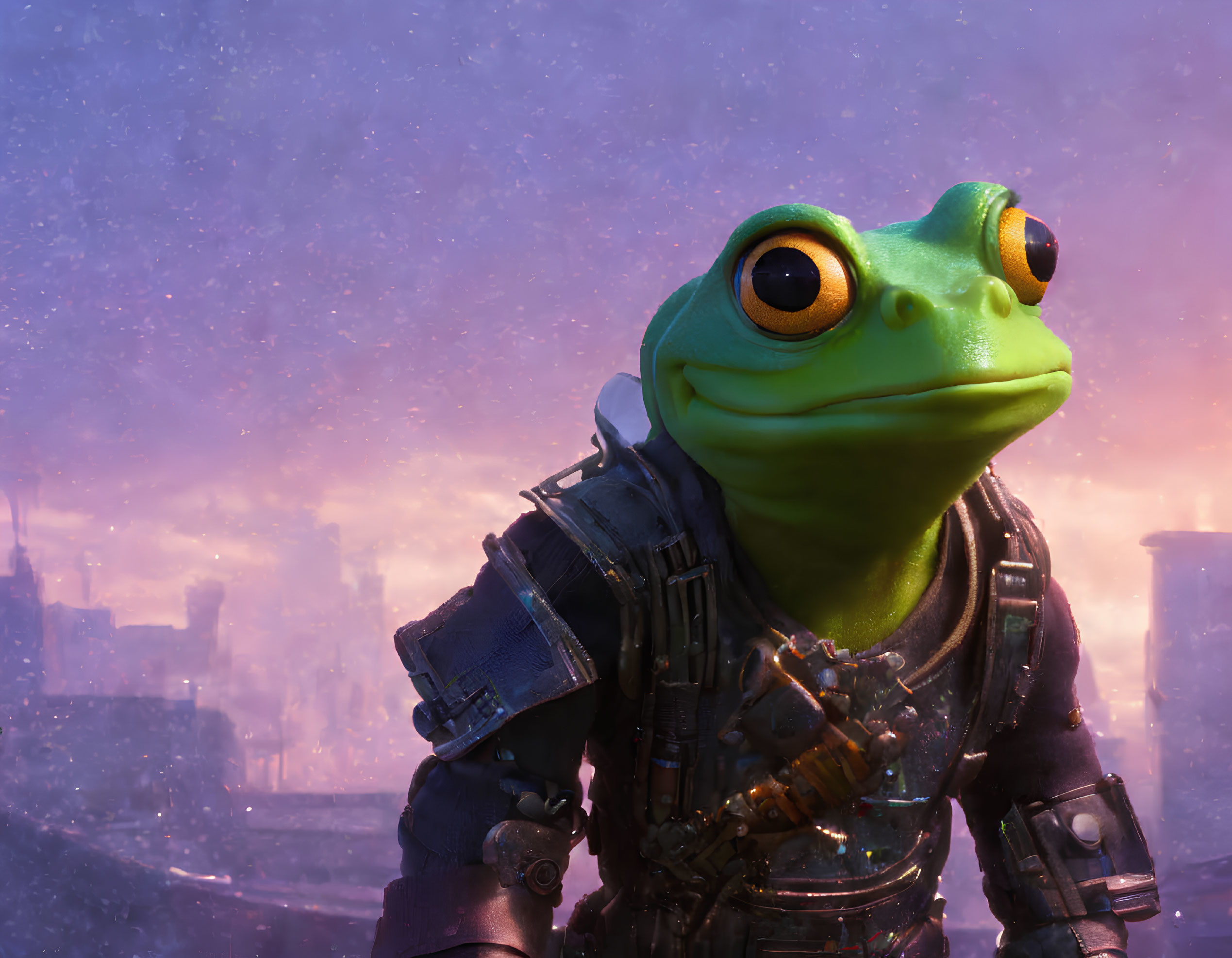 Detailed anthropomorphic frog in futuristic outfit with dystopian cityscape at twilight