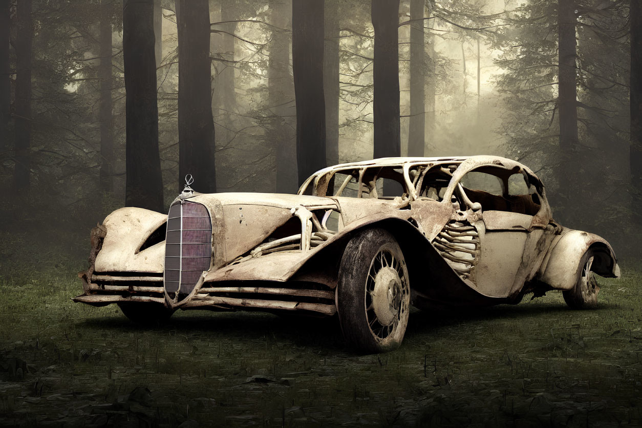 Vintage Car with Skeletal Remains in Misty Forest