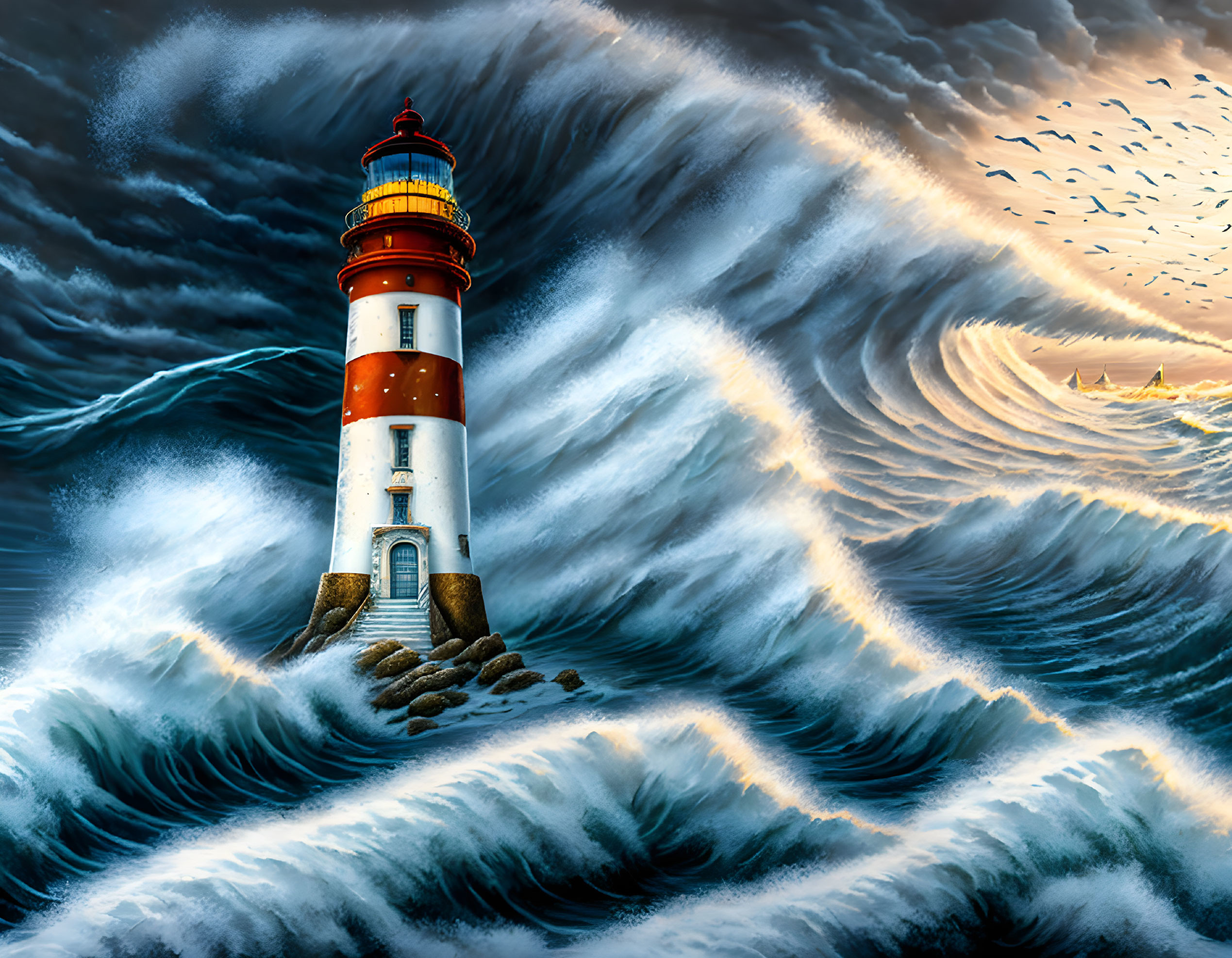 Stormy Sea Scene: Lighthouse, Birds, Ship, Waves