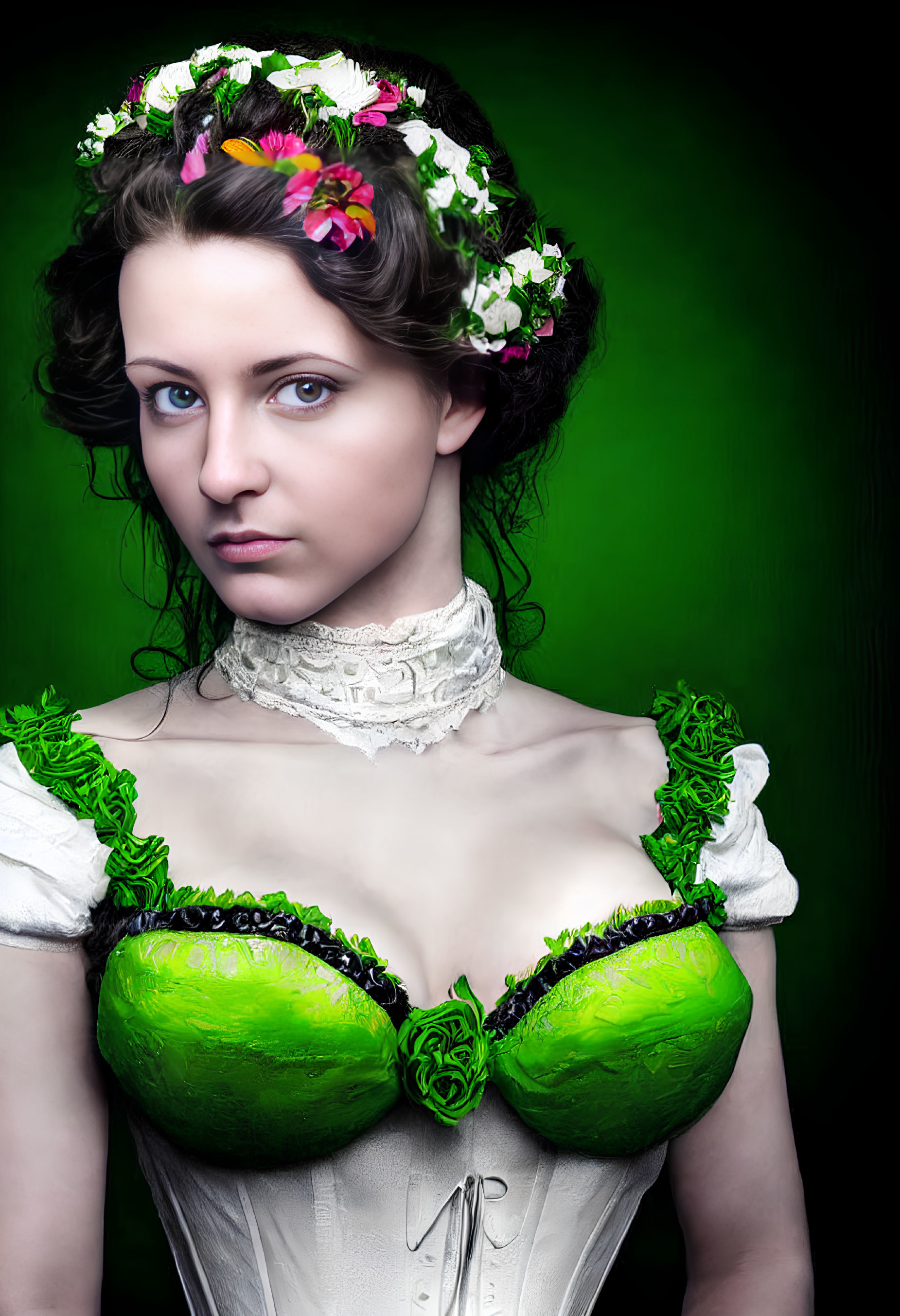 Woman with floral crown and green corset on green background