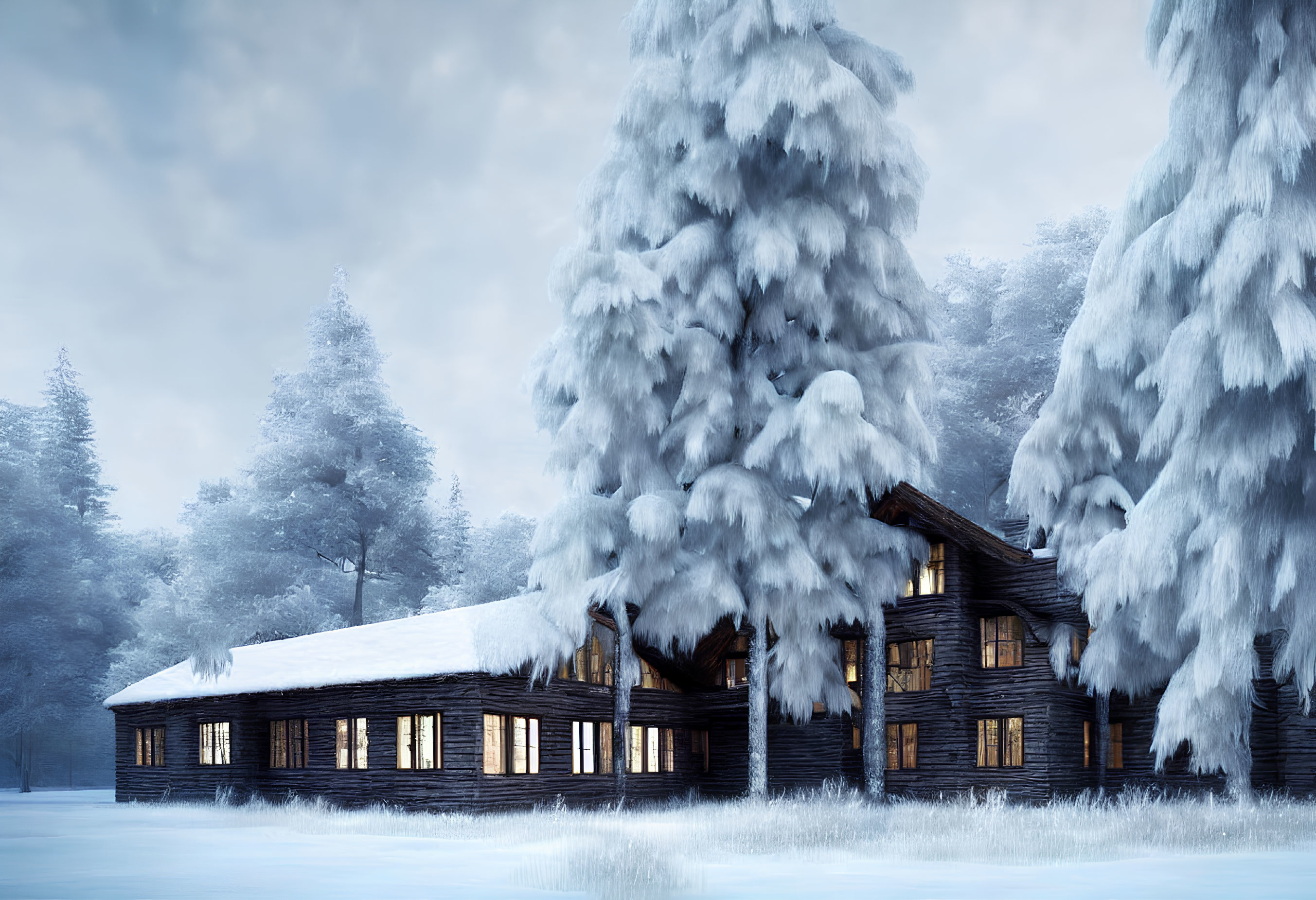 Snow-covered log cabin in serene winter scene with frosted pine trees