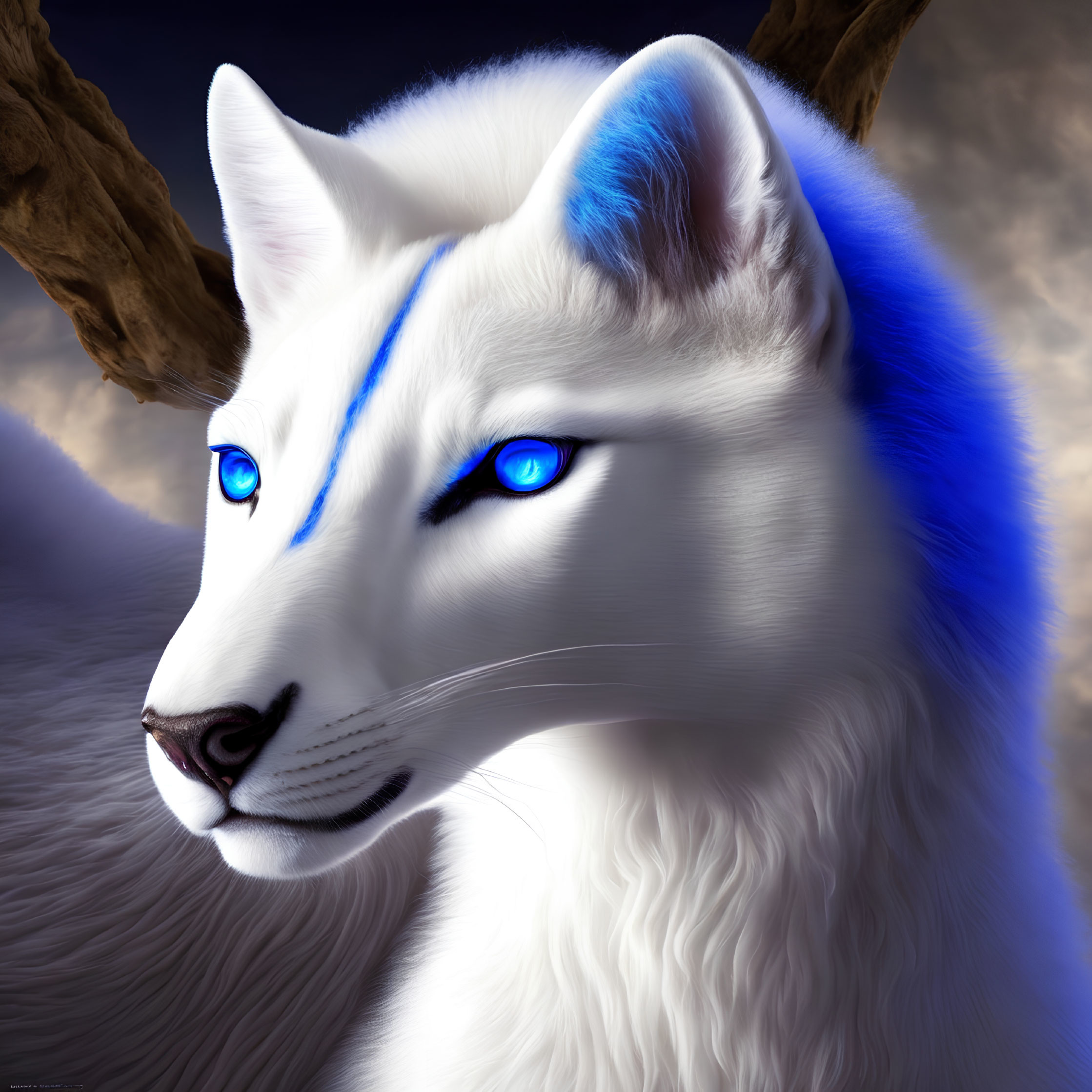 White wolf with blue eyes and markings in dramatic sky scene