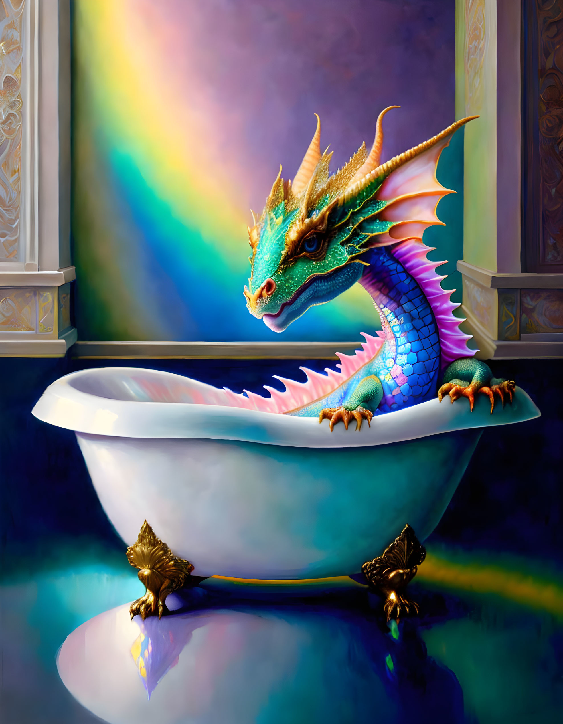 Colorful Dragon in White Bathtub with Abstract Background