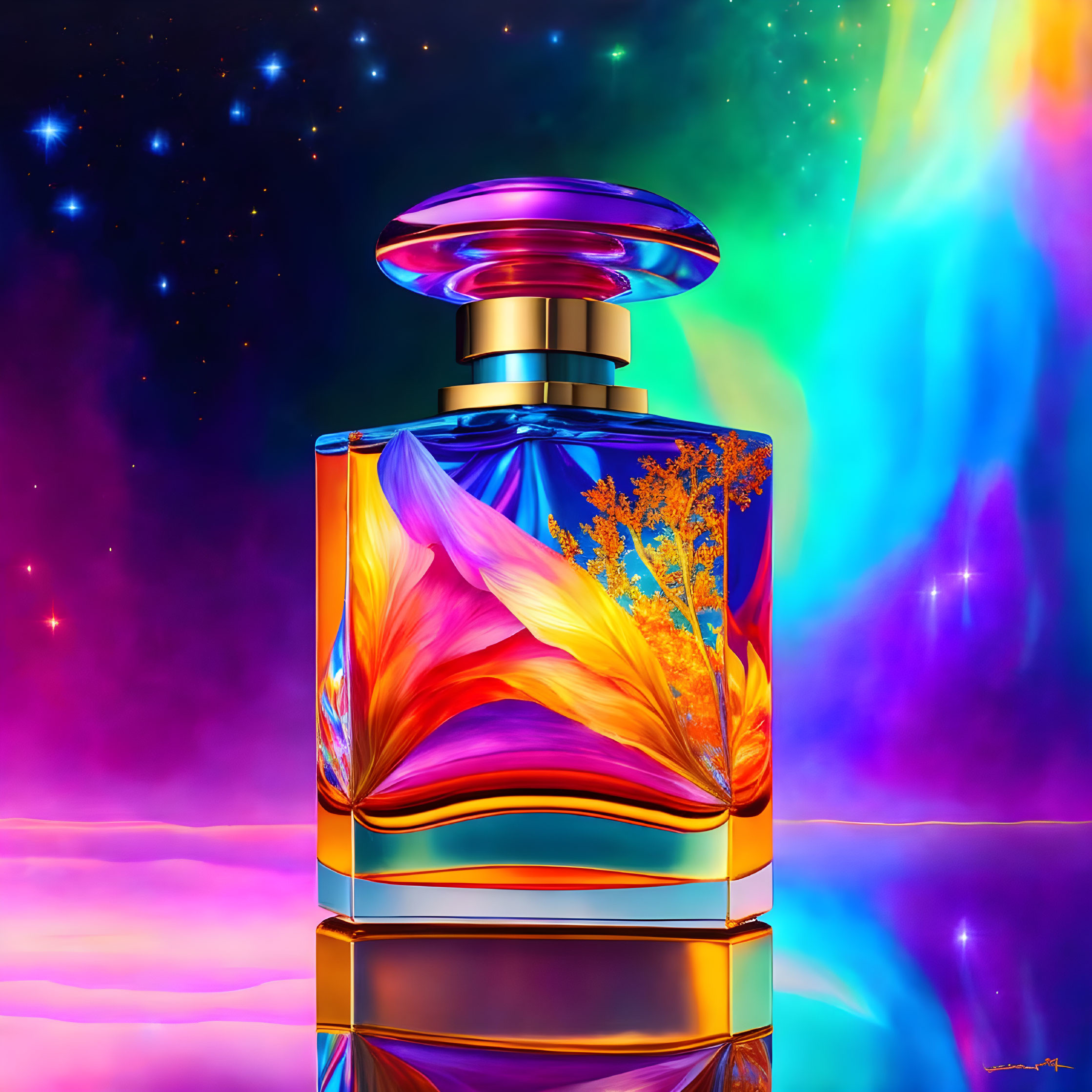 Colorful Perfume Bottle Illustration with Feather Design on Cosmic Background