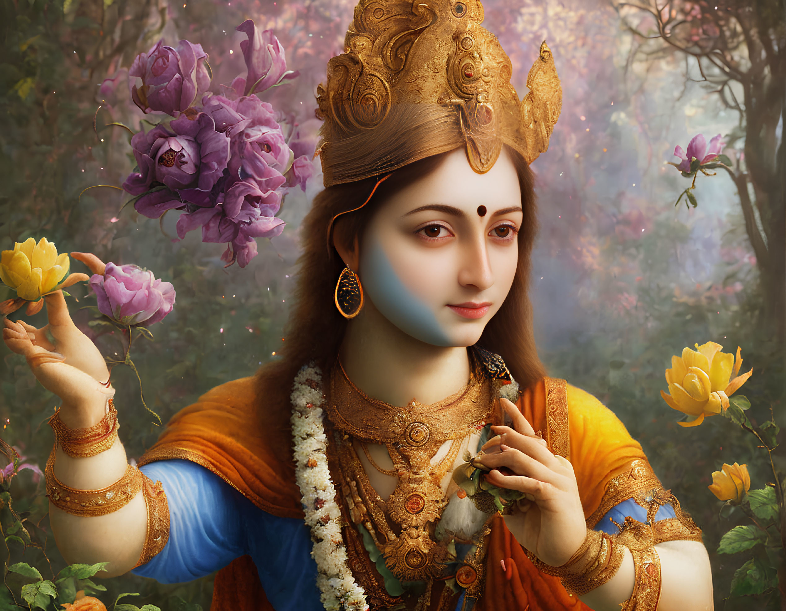 Lord Krishna depiction with golden crown and serene expression among yellow flowers