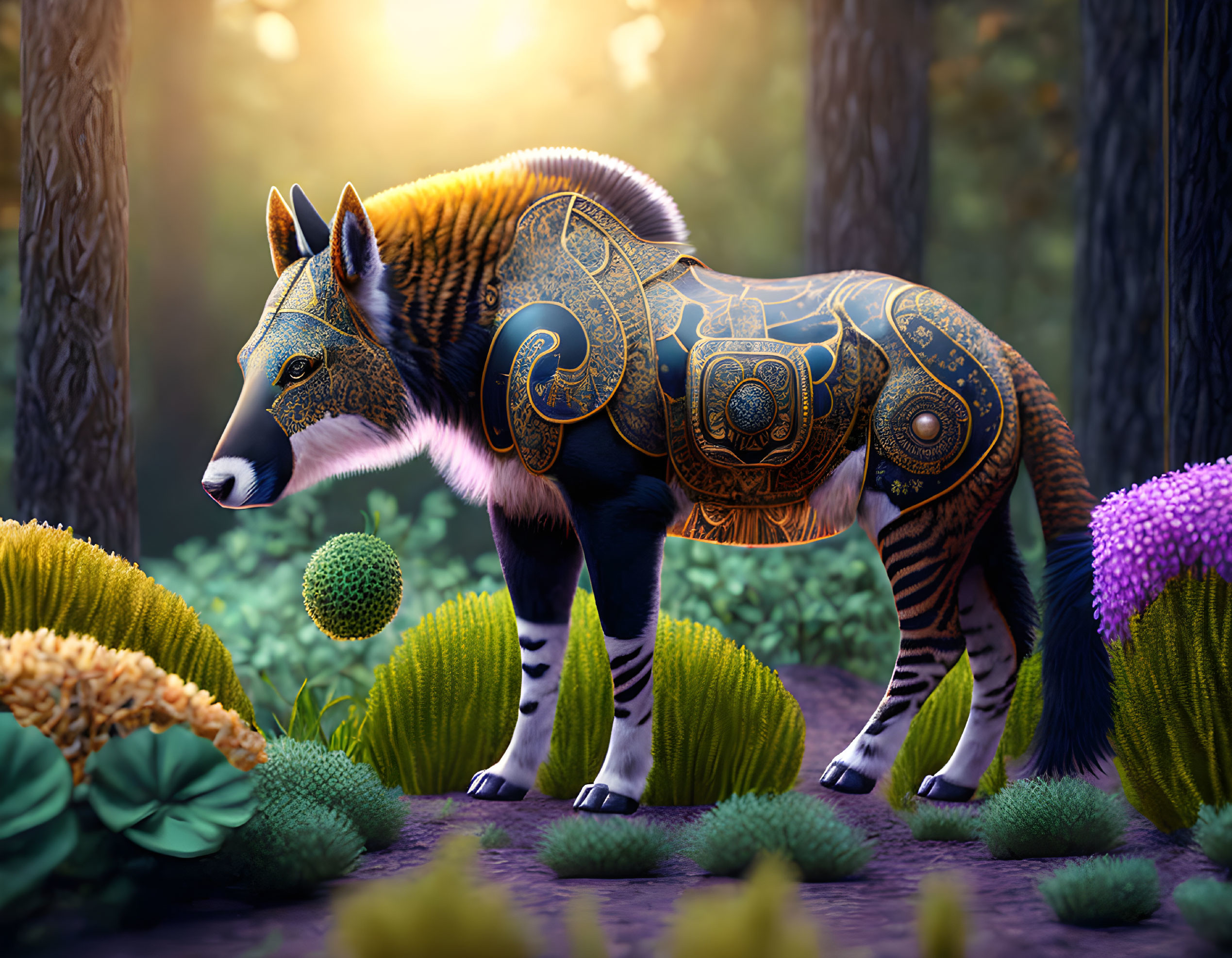 Fantastical wolf with glowing patterns in enchanted forest