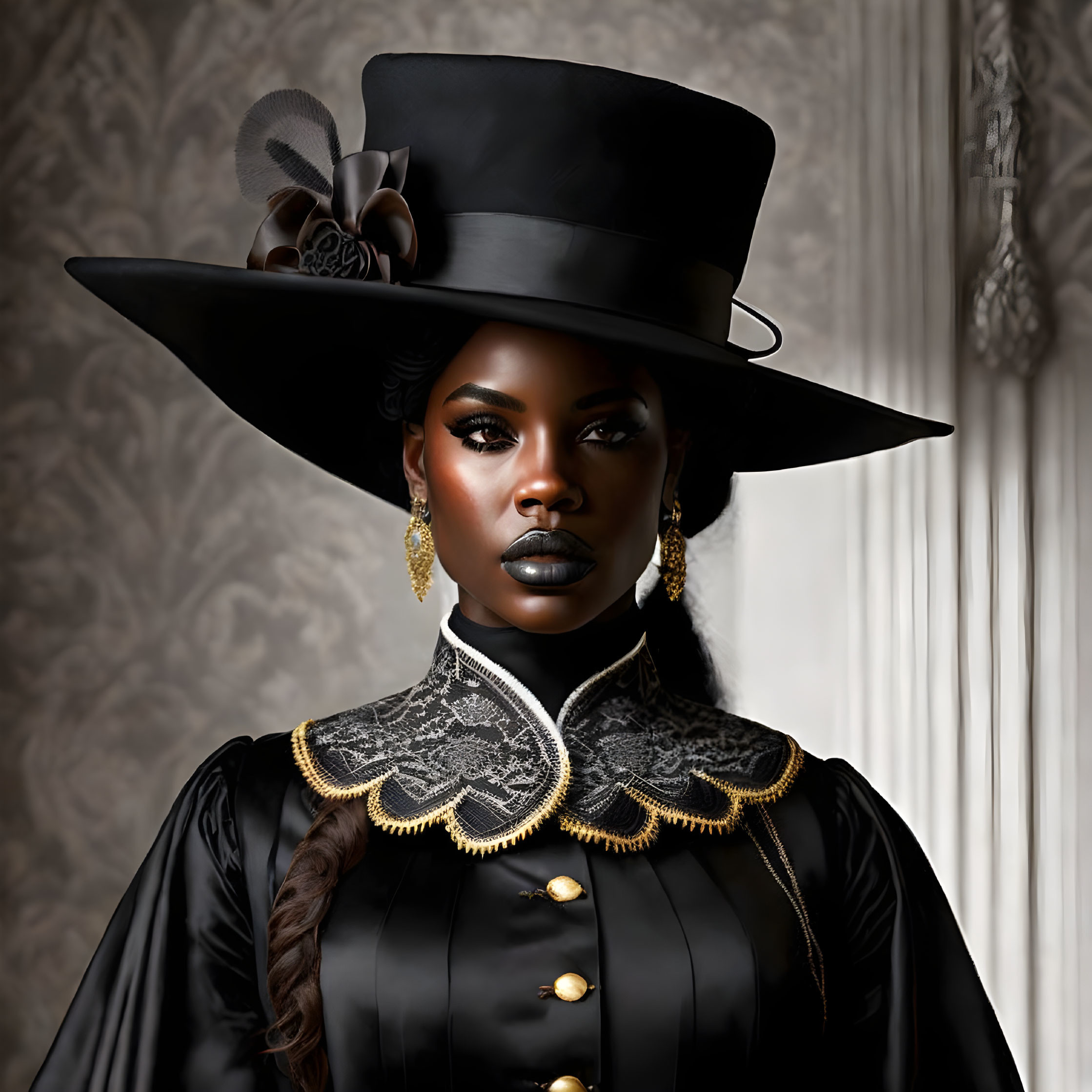 Victorian-inspired woman in elegant black outfit and large hat on patterned background