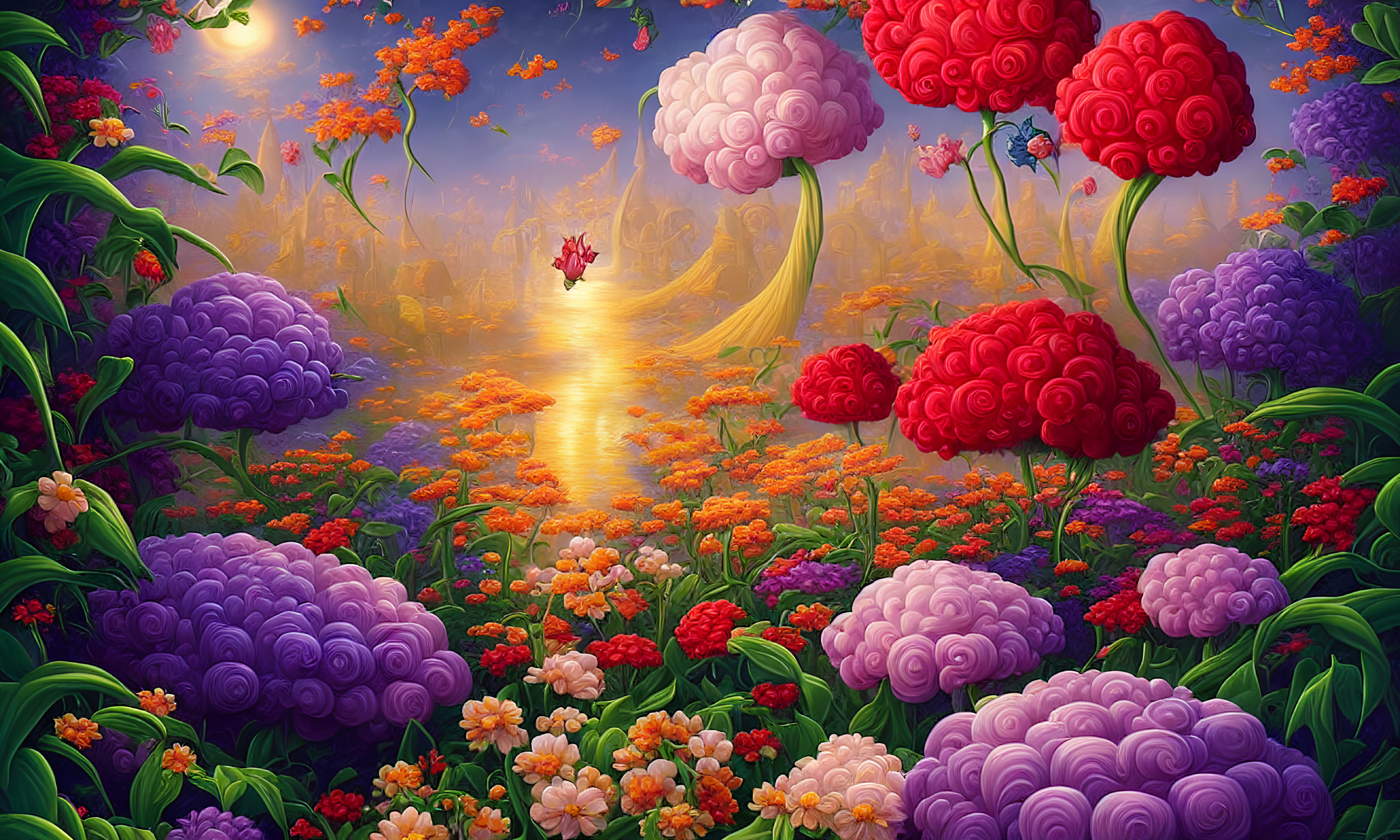 Colorful Oversized Flower Blooms in Fantasy Garden Under Purple Sky