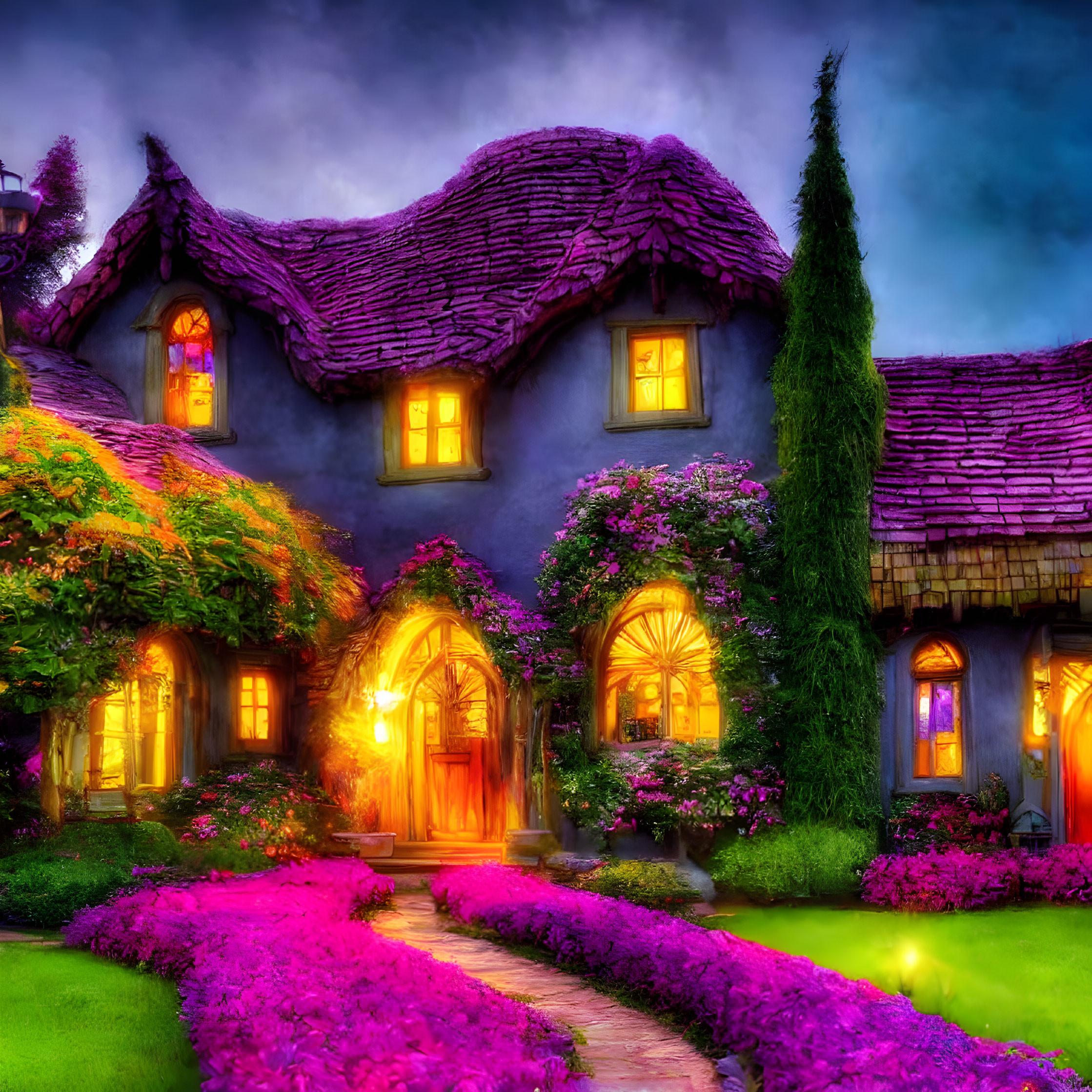 Whimsical cottage at twilight with purple thatched roof and vibrant surroundings