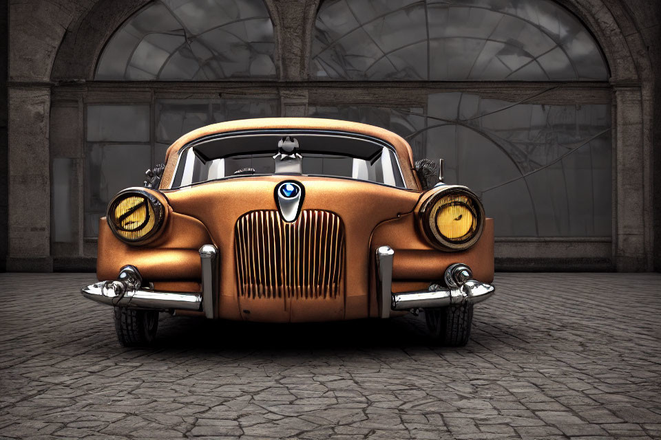 Vintage Orange BMW Car in Courtyard with Arched Windows and Stone Pavement