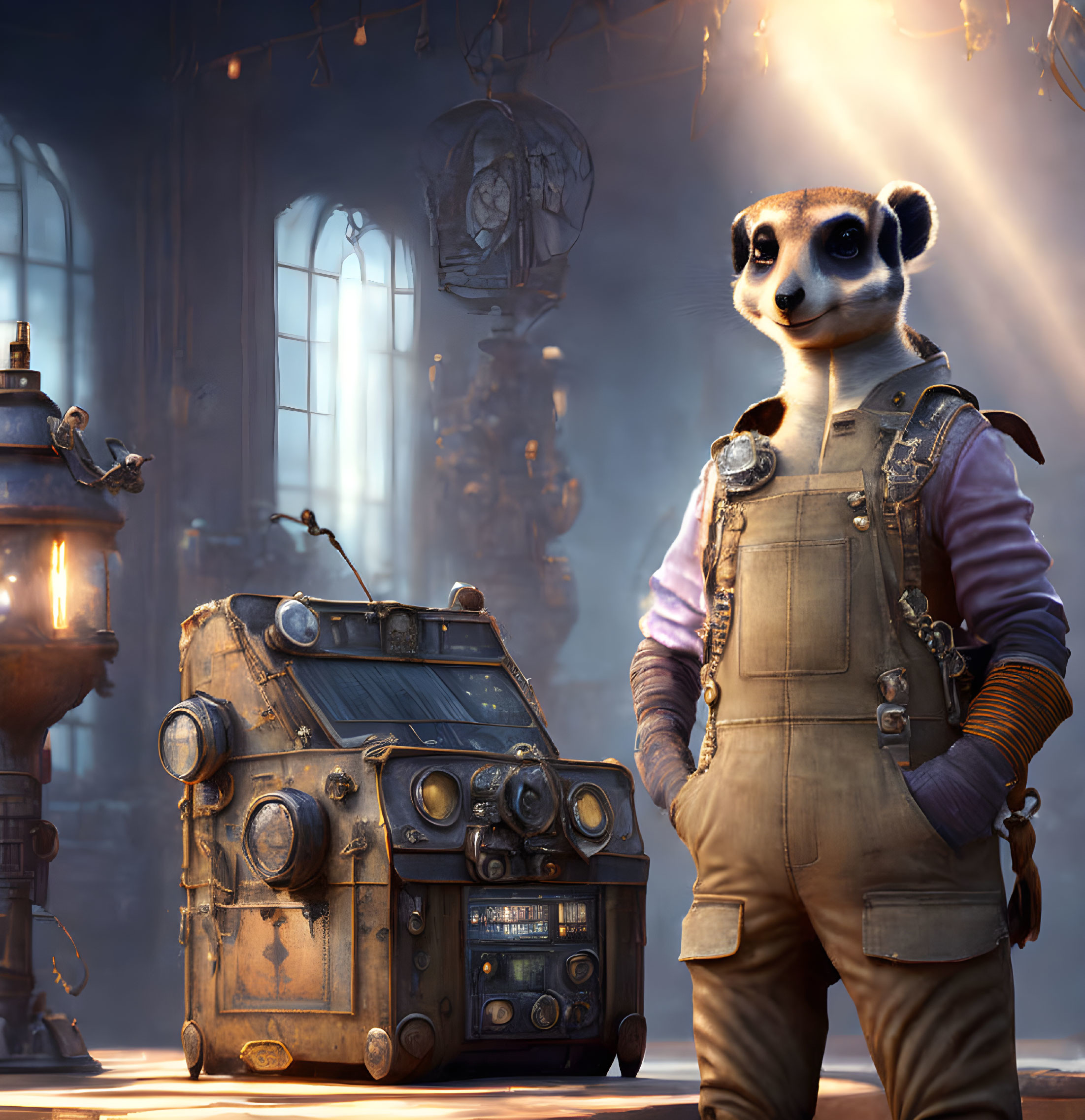 Steampunk-themed anthropomorphic meerkat with vintage machine in dimly lit room