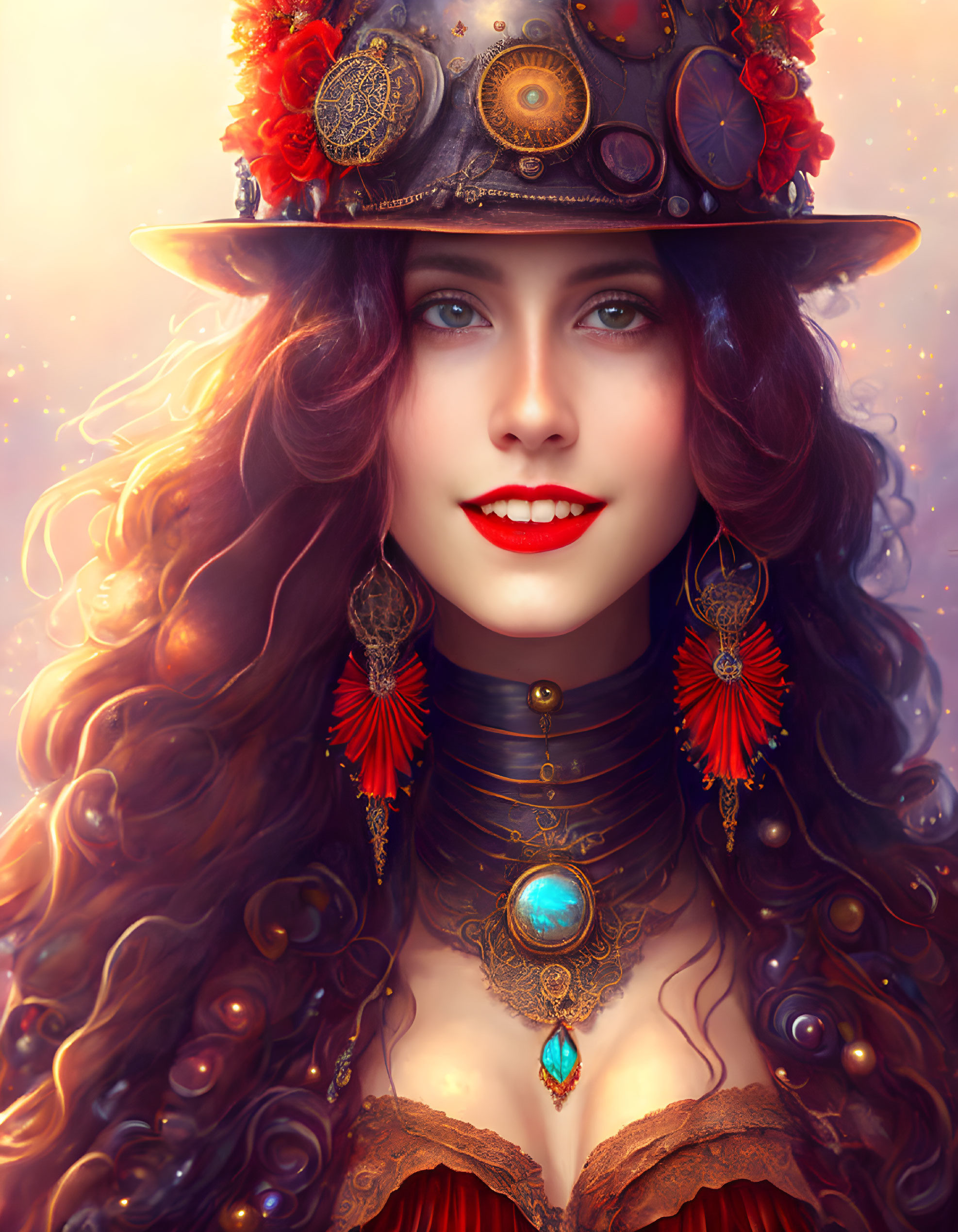 Portrait of Woman with Auburn Hair and Red Lipstick in Adorned Hat and Jewelry