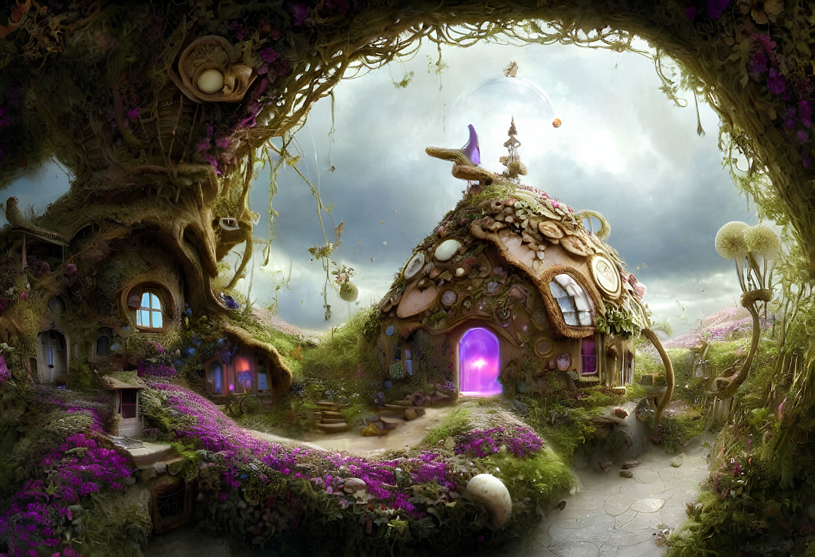 Fantasy landscape with mushroom houses and glowing windows surrounded by lush plants