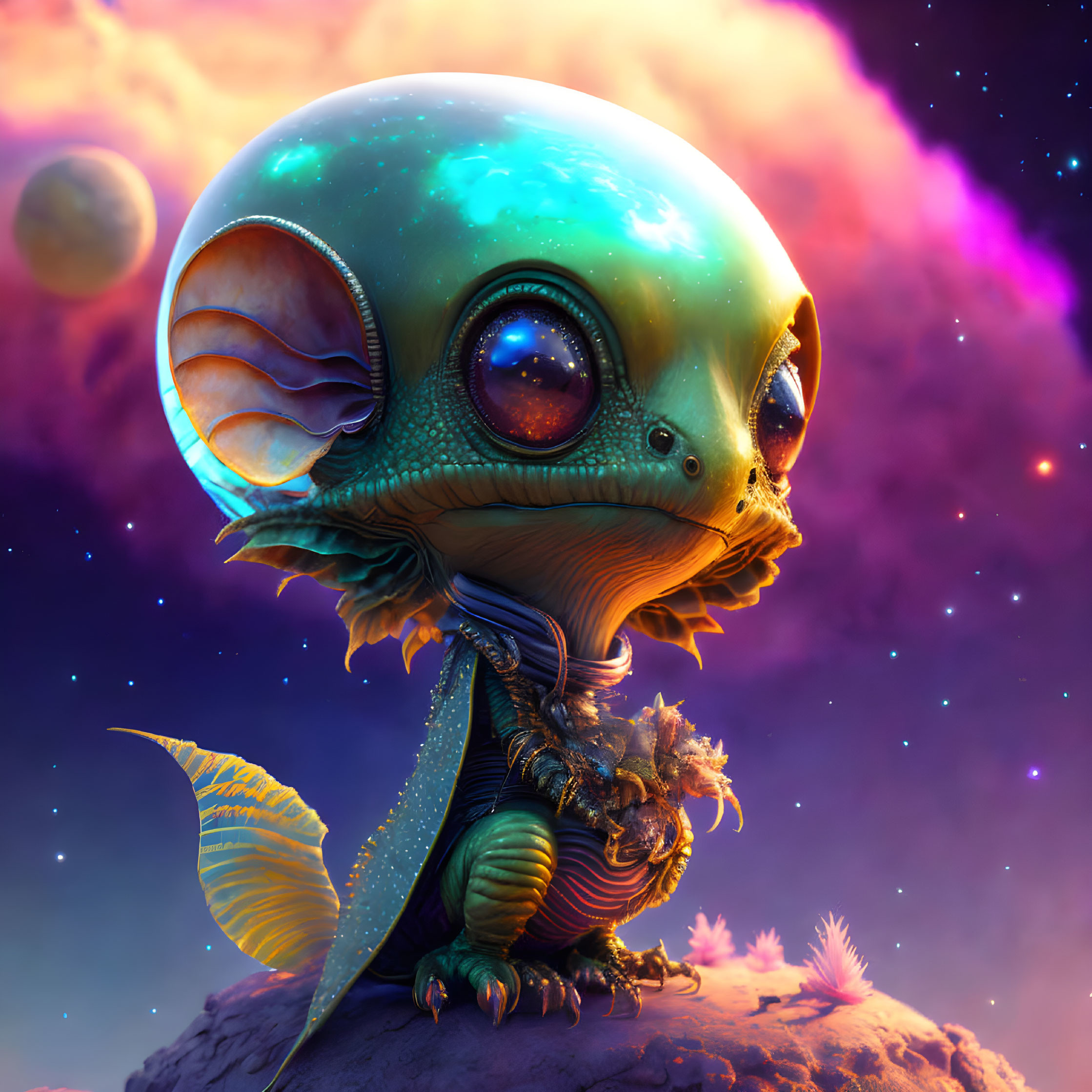 Colorful digital art: Cute alien on rocky terrain with cosmic backdrop