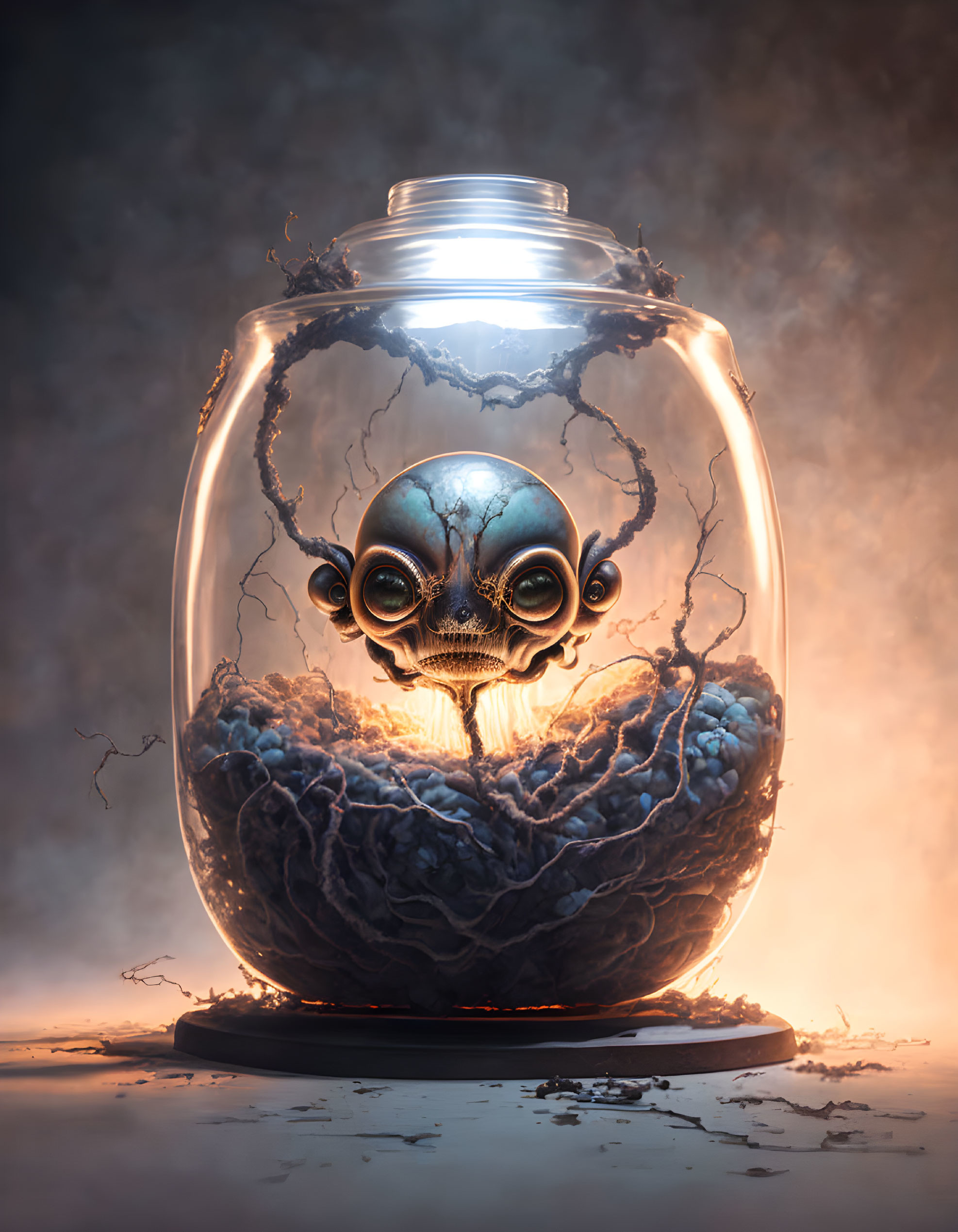 Surreal glass jar with brain, floating skull, and glowing branches