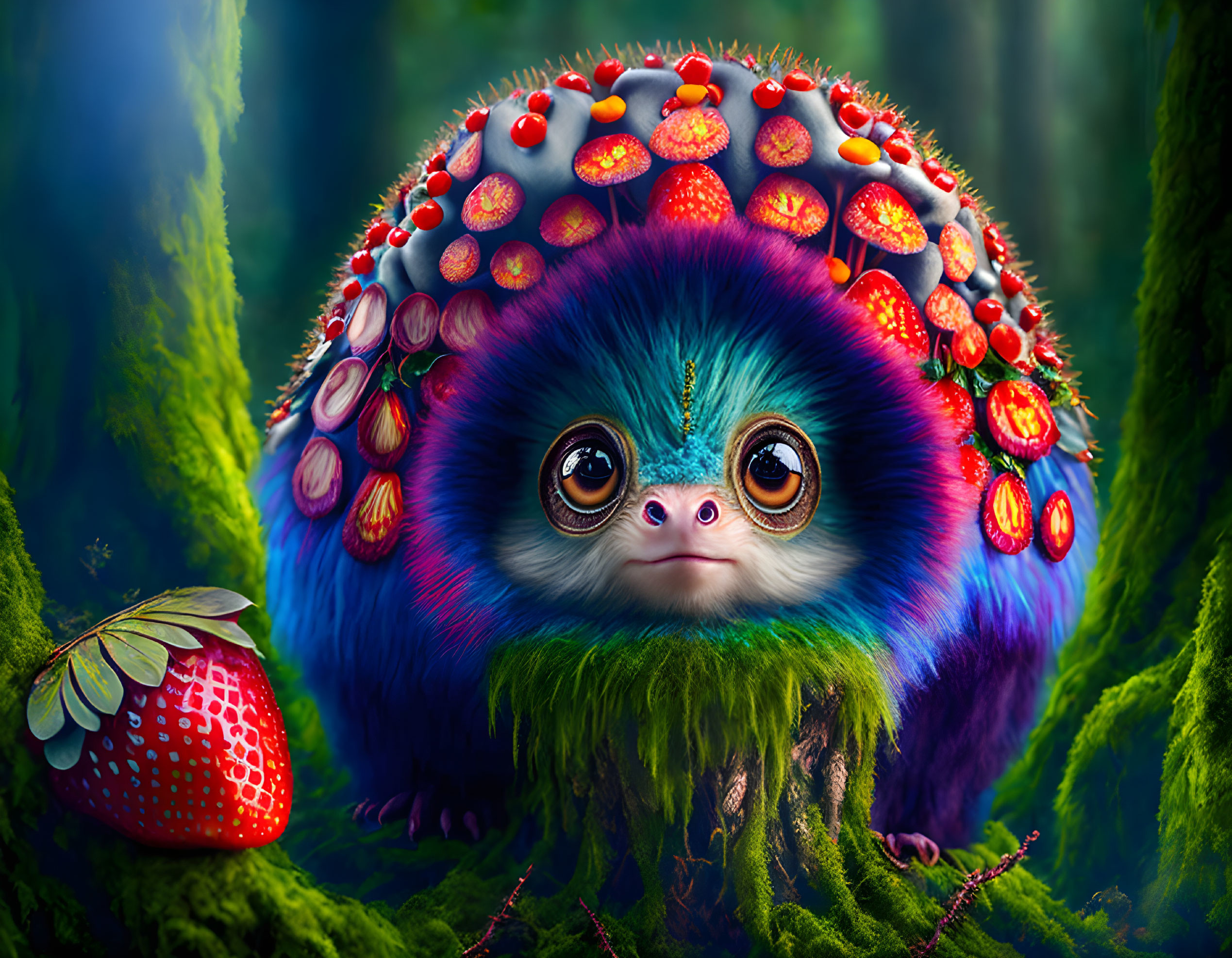 Colorful Fluffy Creature with Strawberry Cap in Lush Green Forest