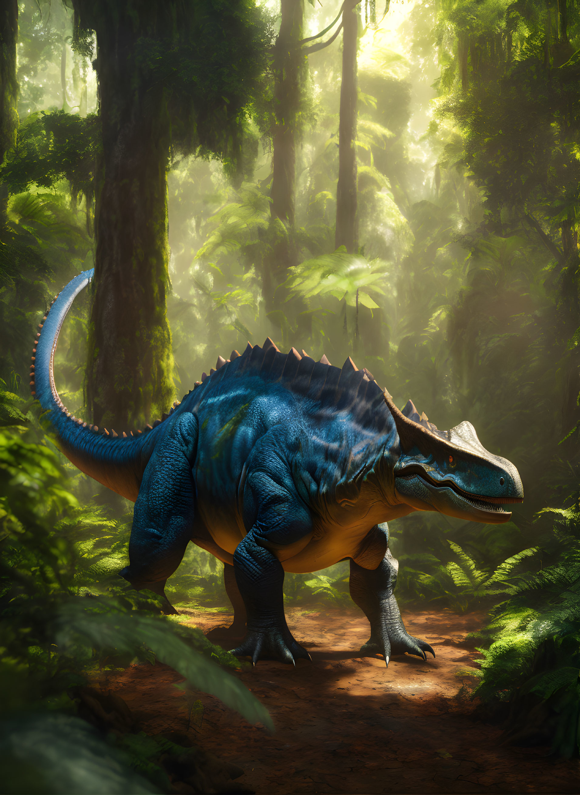 Blue and Orange Spiked Dinosaur in Sunlit Forest