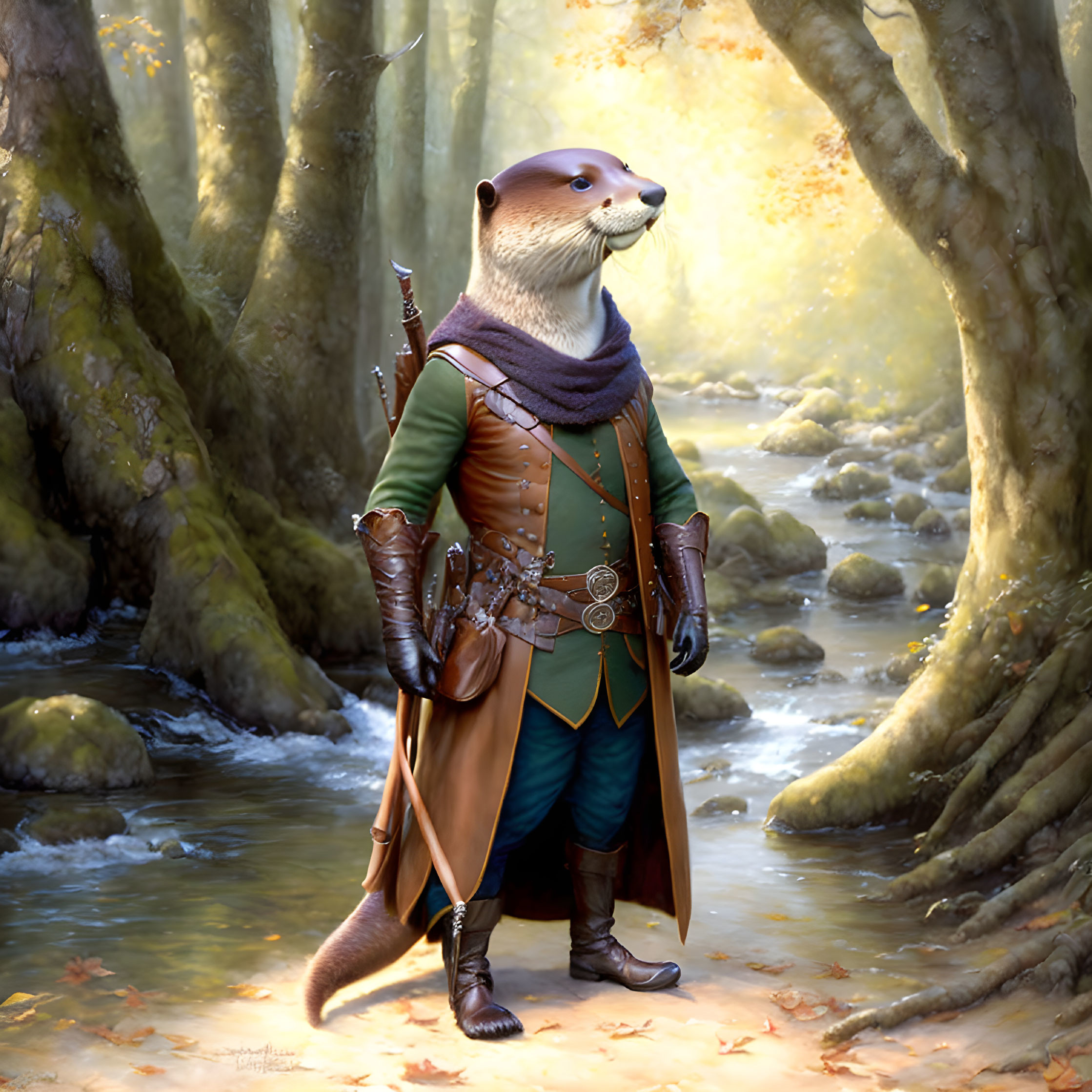 Anthropomorphic Otter in Medieval Fantasy Attire with Bow and Sword