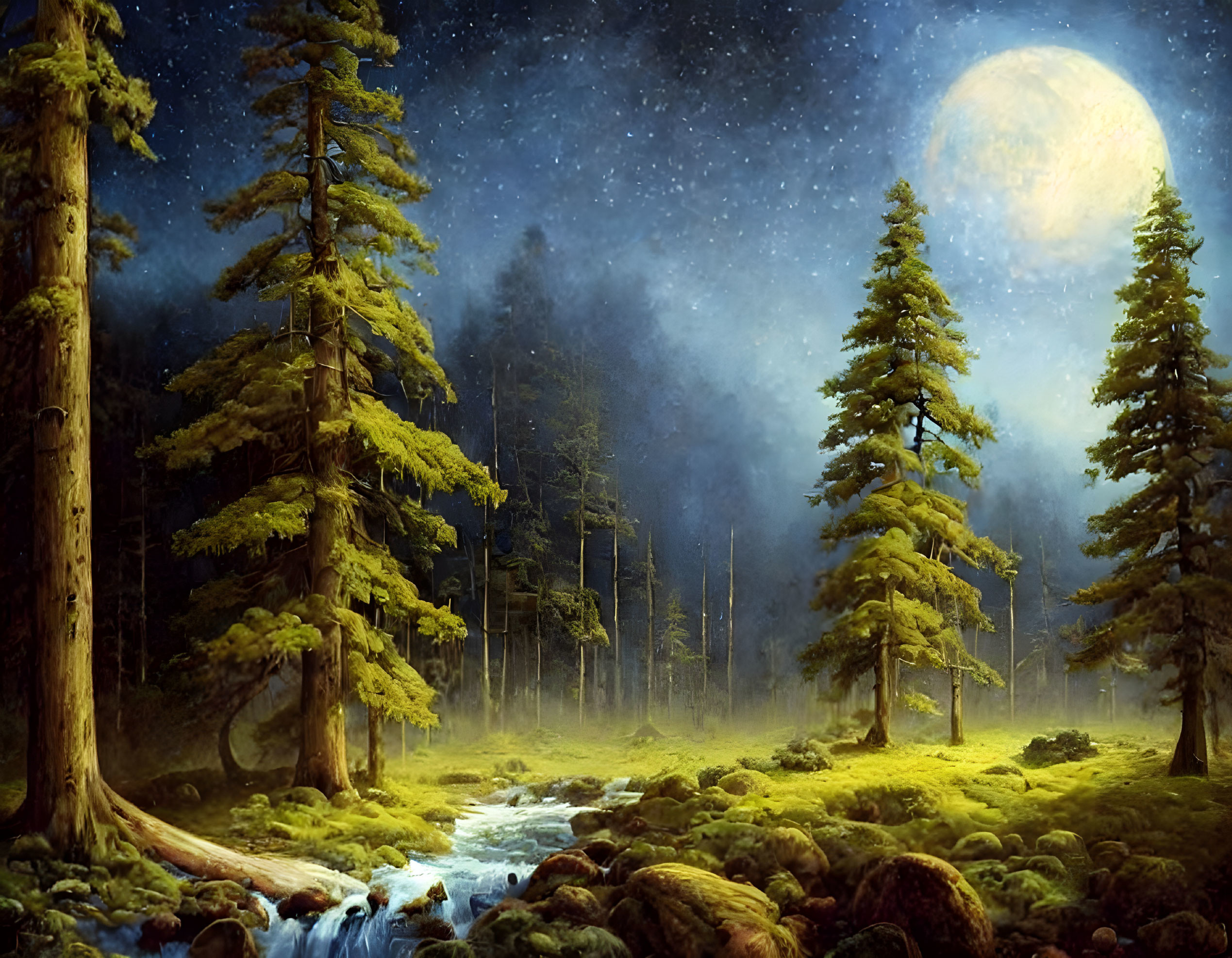 Full Moon Night Scene: Forest, Stream, Moss-Covered Rocks