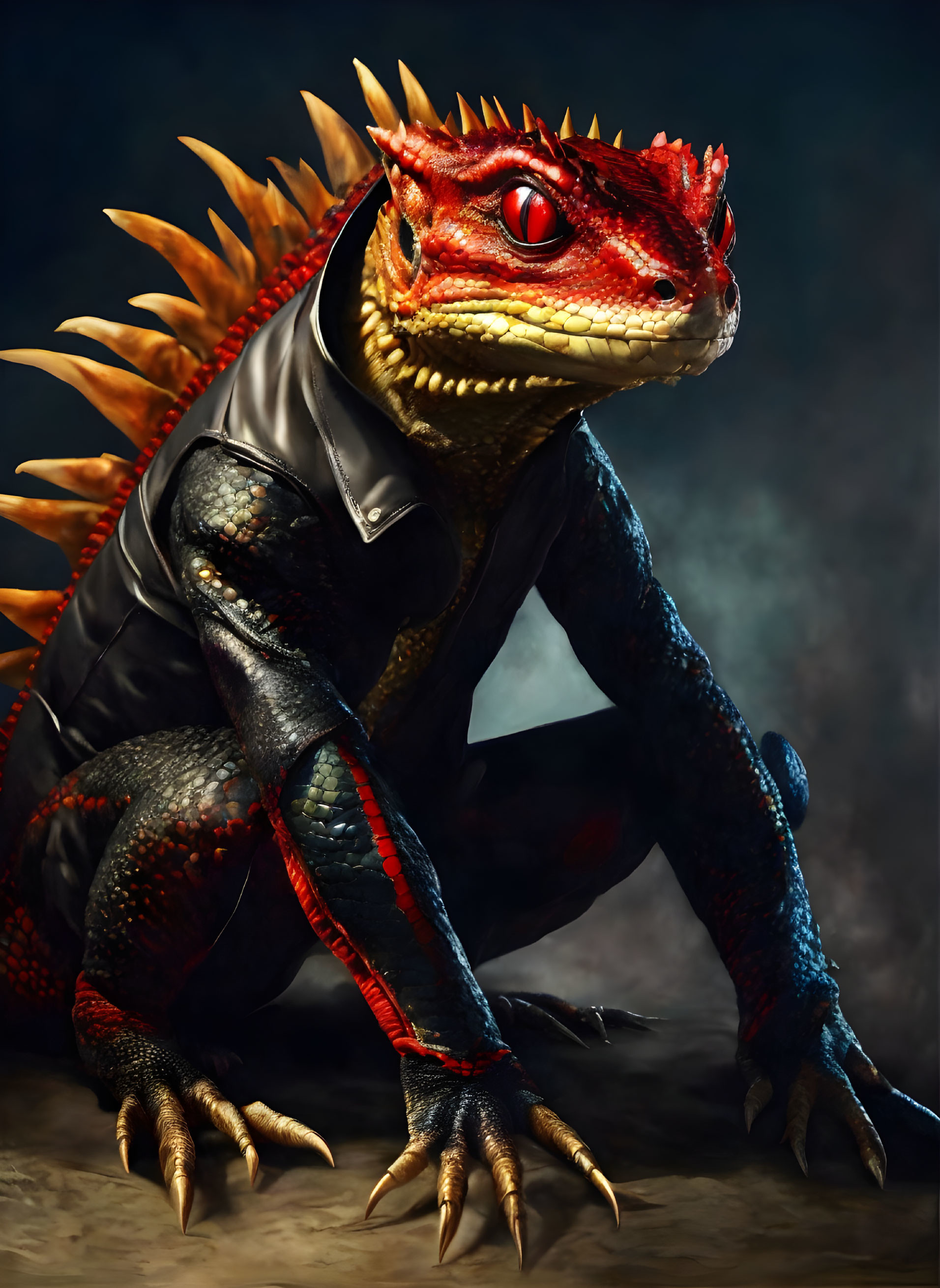 Anthropomorphic iguana in leather jacket with orange crests and red eyes on misty background