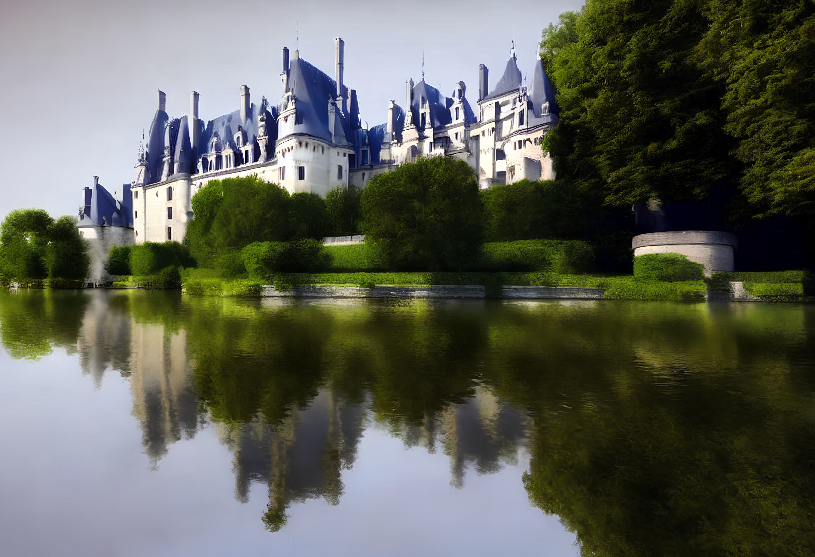 Majestic chateau with pointed roofs reflected in calm waters amid lush greenery