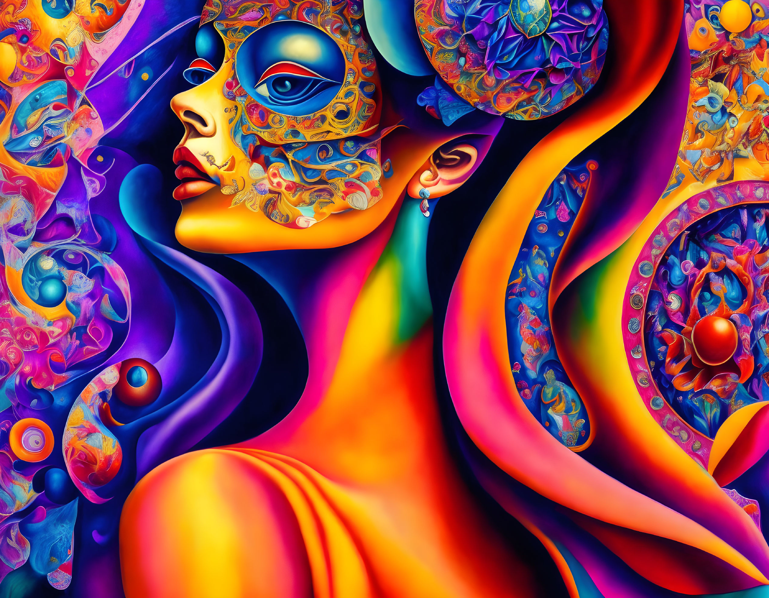 Colorful swirls and patterns in vibrant portrait of a woman