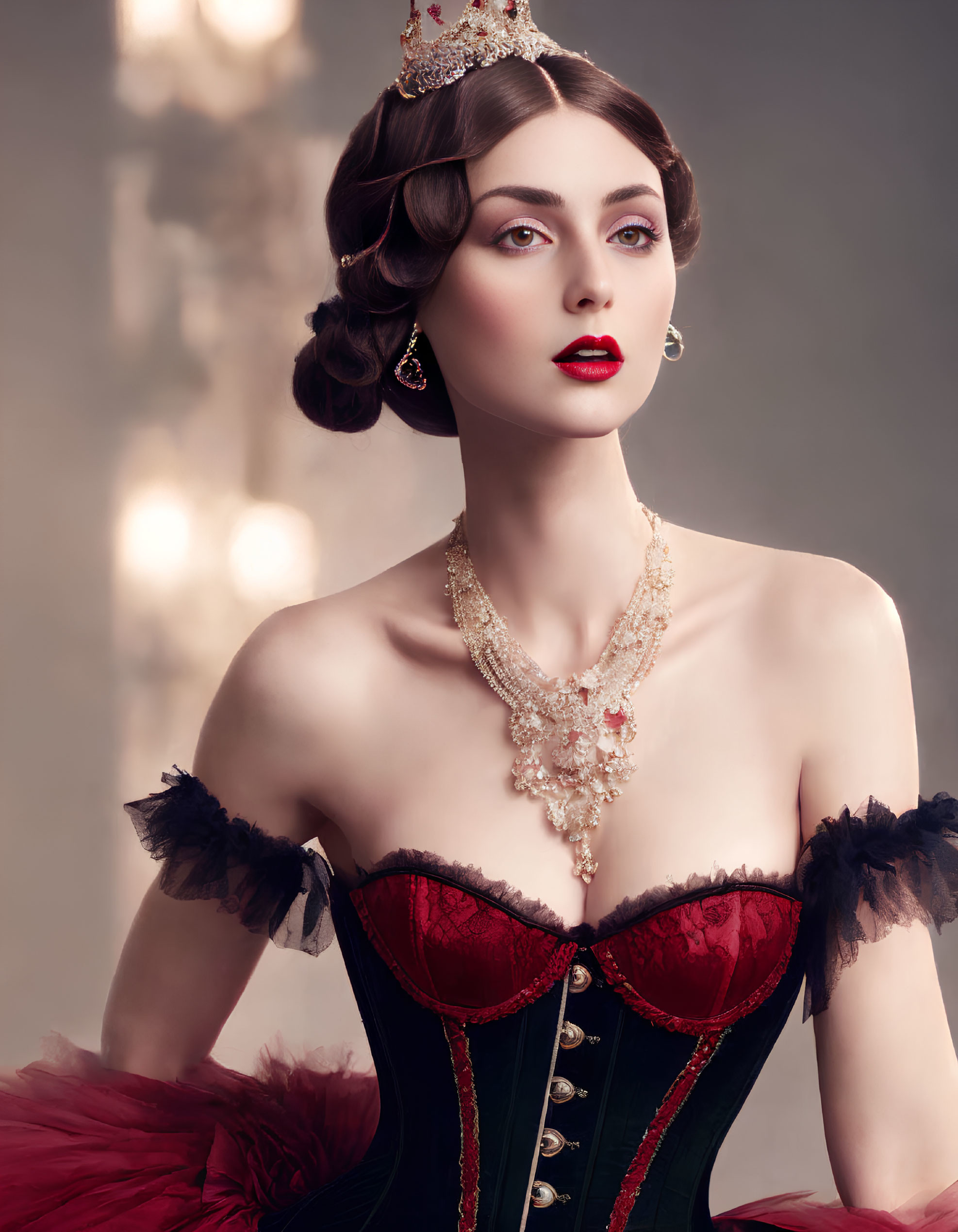 Elegant woman in red and black corset dress with gold necklace