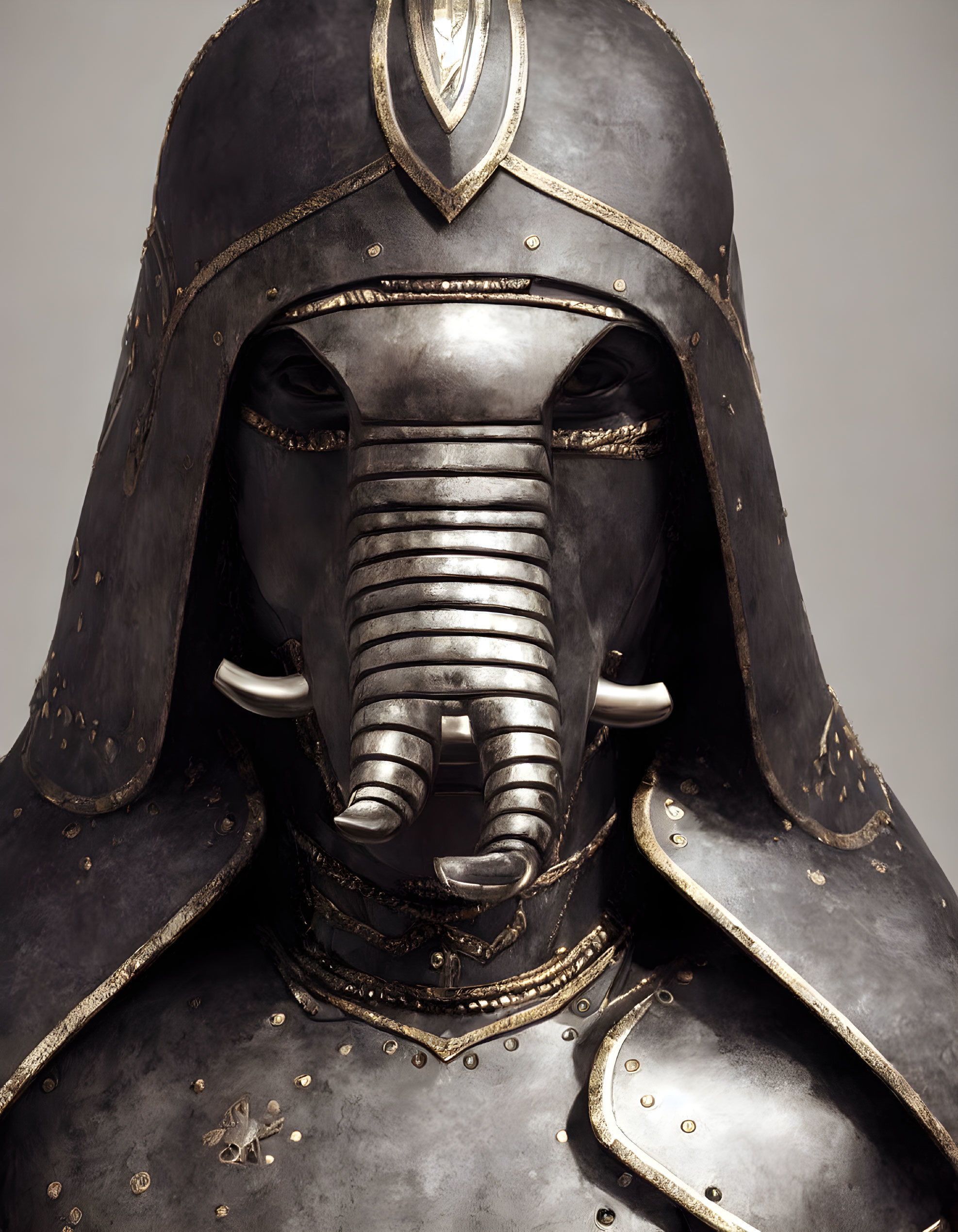 Detailed Medieval Helmet with Face Guard and Tusks Displayed