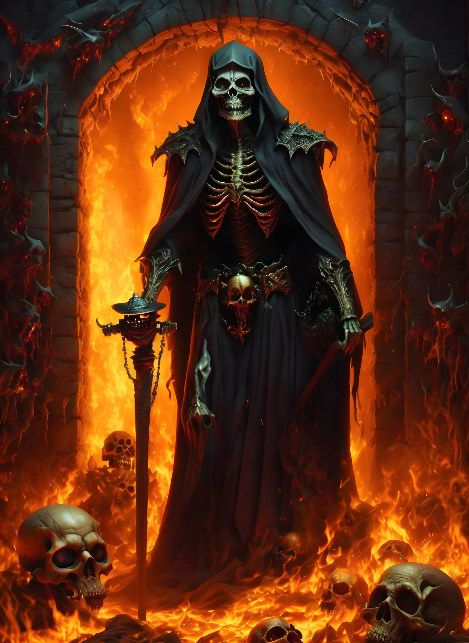 Skeleton figure in black cloak with staff in fiery setting and skulls.