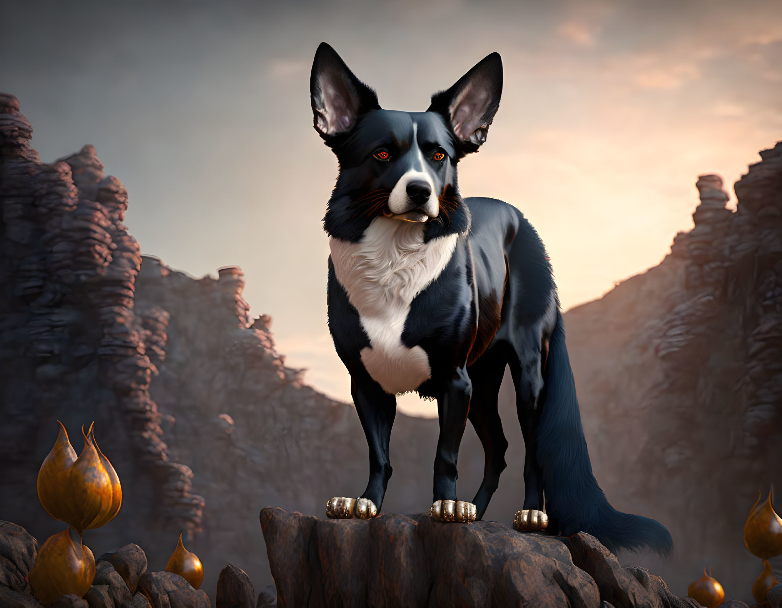 Majestic black and white dog on rocky outcrop under dramatic sky