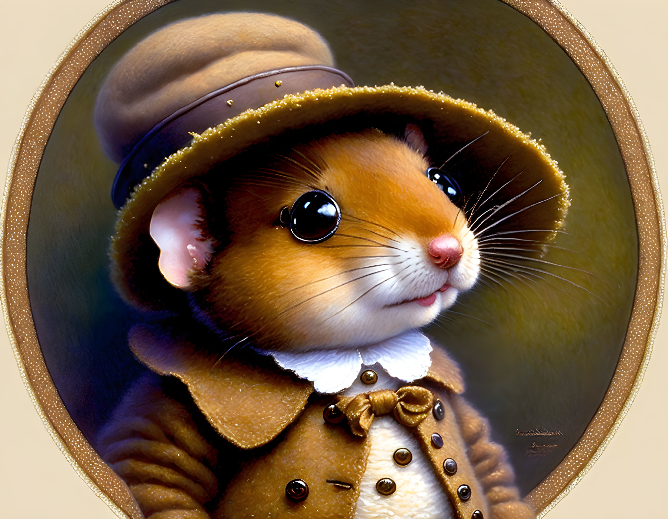 Anthropomorphic Mouse in Vintage Oval Frame with Brown Jacket & Hat