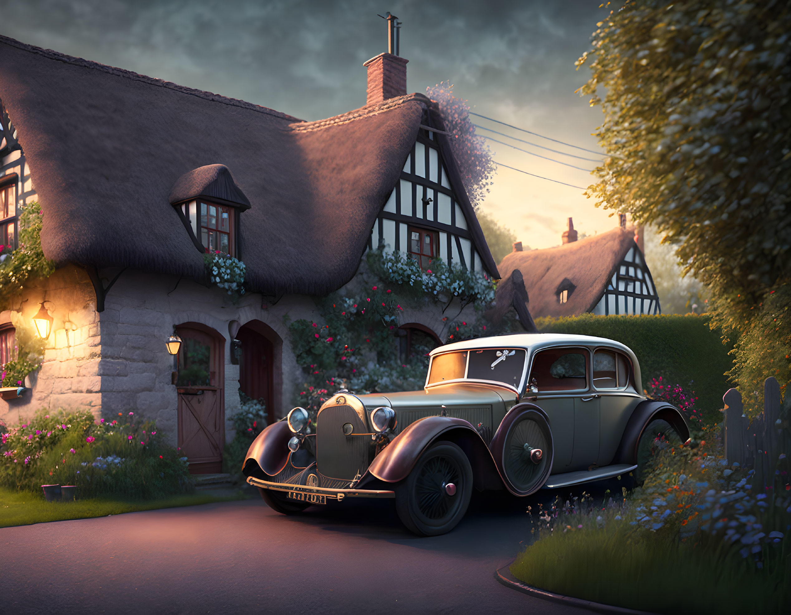 Vintage Car Parked in Front of Thatched-Roof Cottages at Dusk