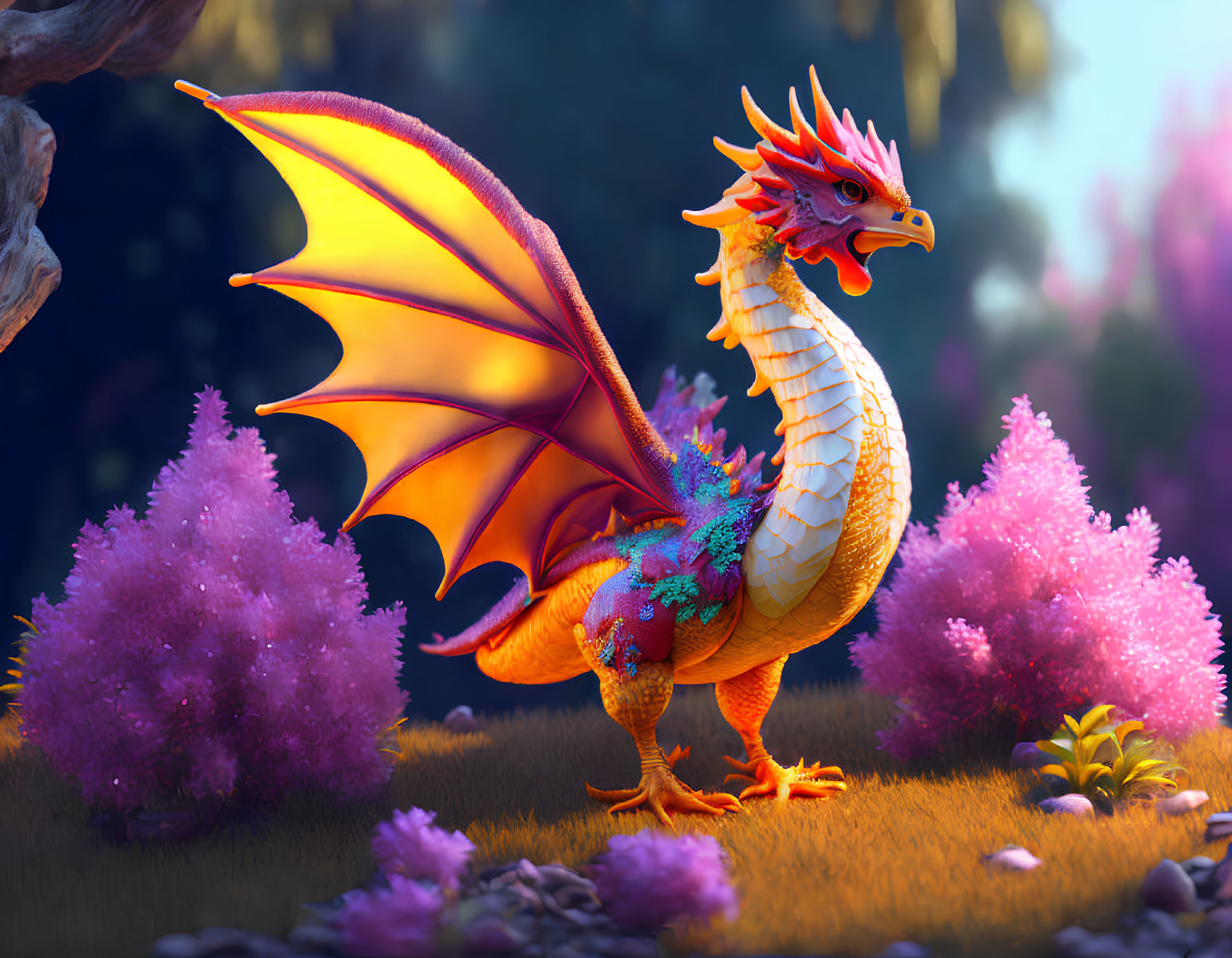 Colorful dragon with red wings in purple forest