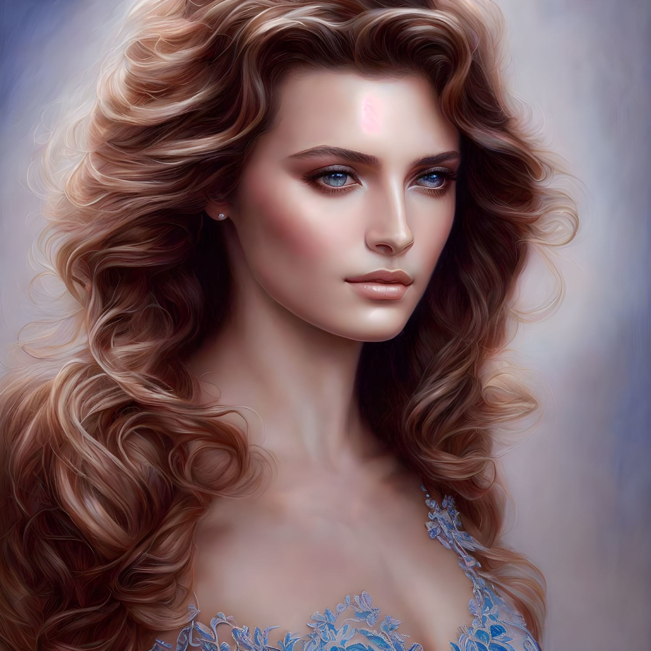 Digital portrait of woman with curly hair and lace neckline on soft background