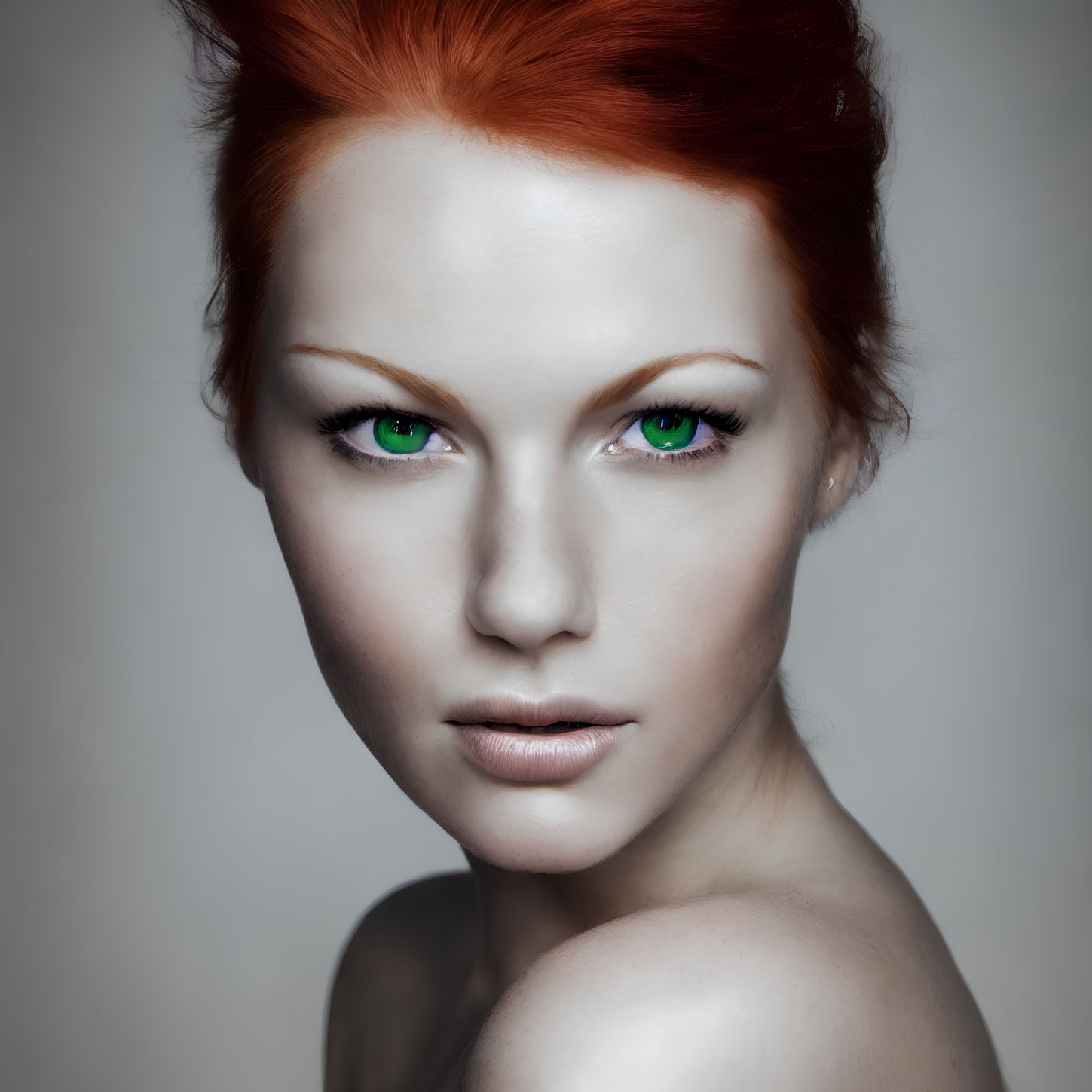 Portrait of woman with red hair, green eyes, and fair skin