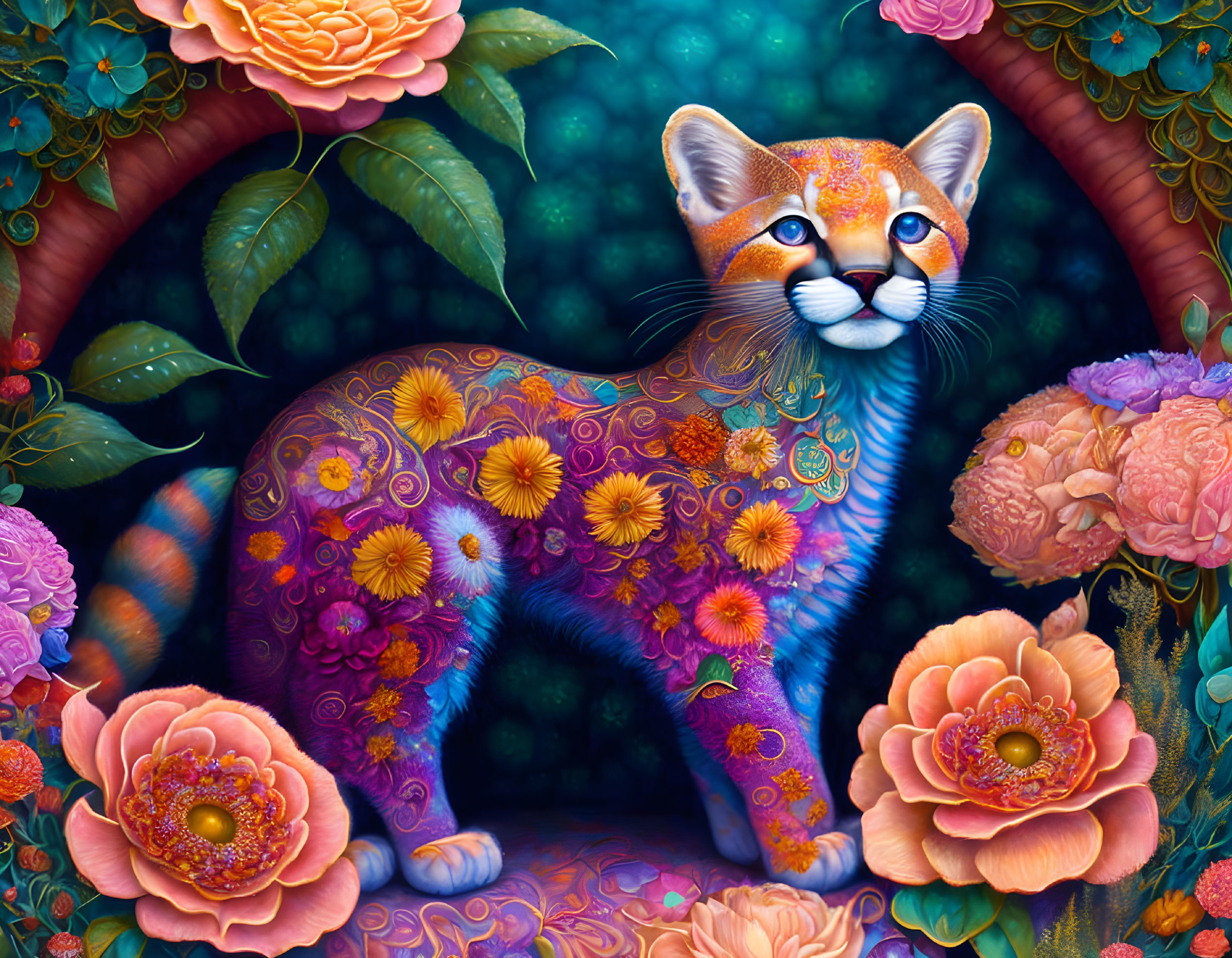 Colorful Psychedelic Cat Illustration with Floral Patterns and Flowers