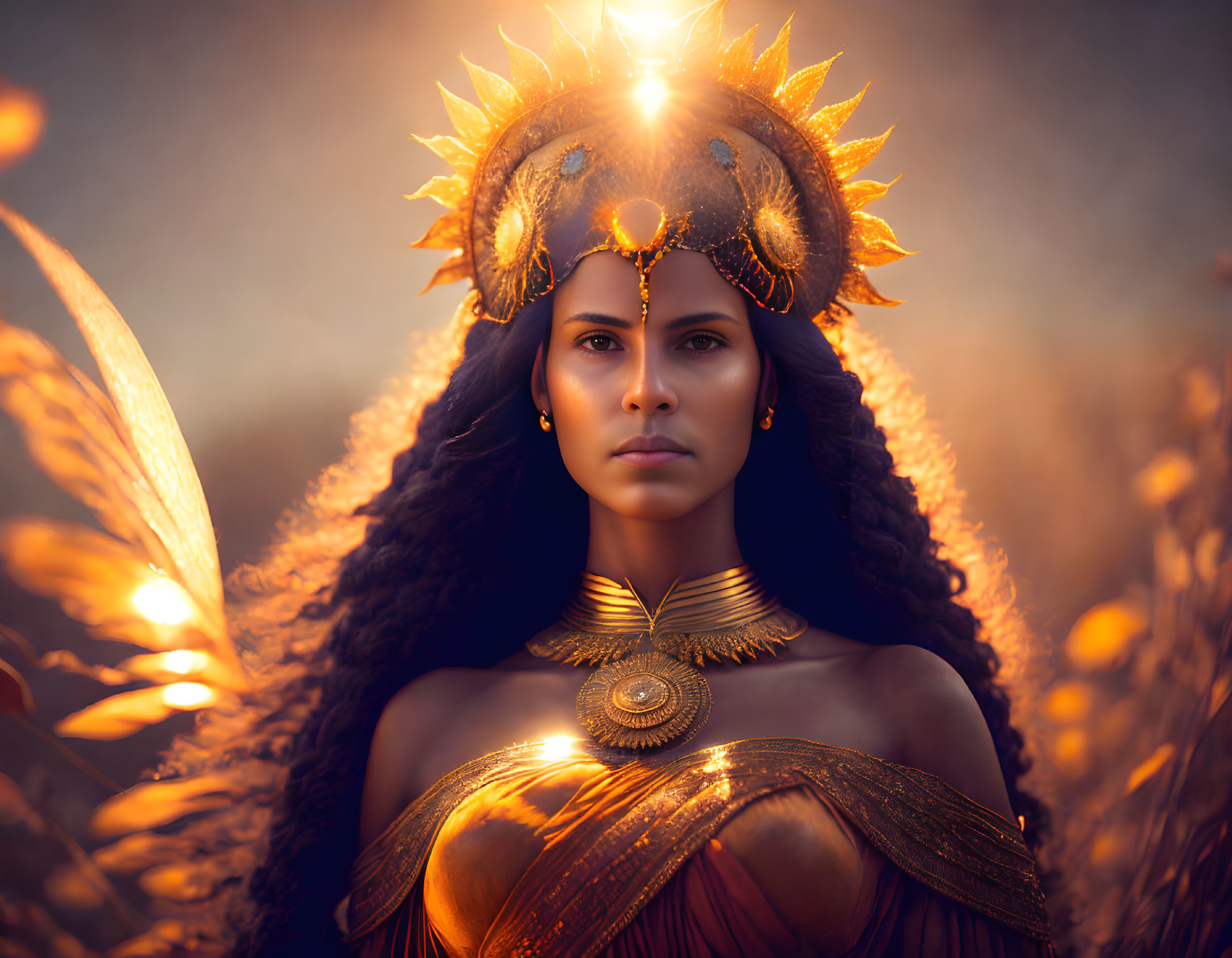 Regal woman adorned in golden jewelry and headpiece in warm, glowing light