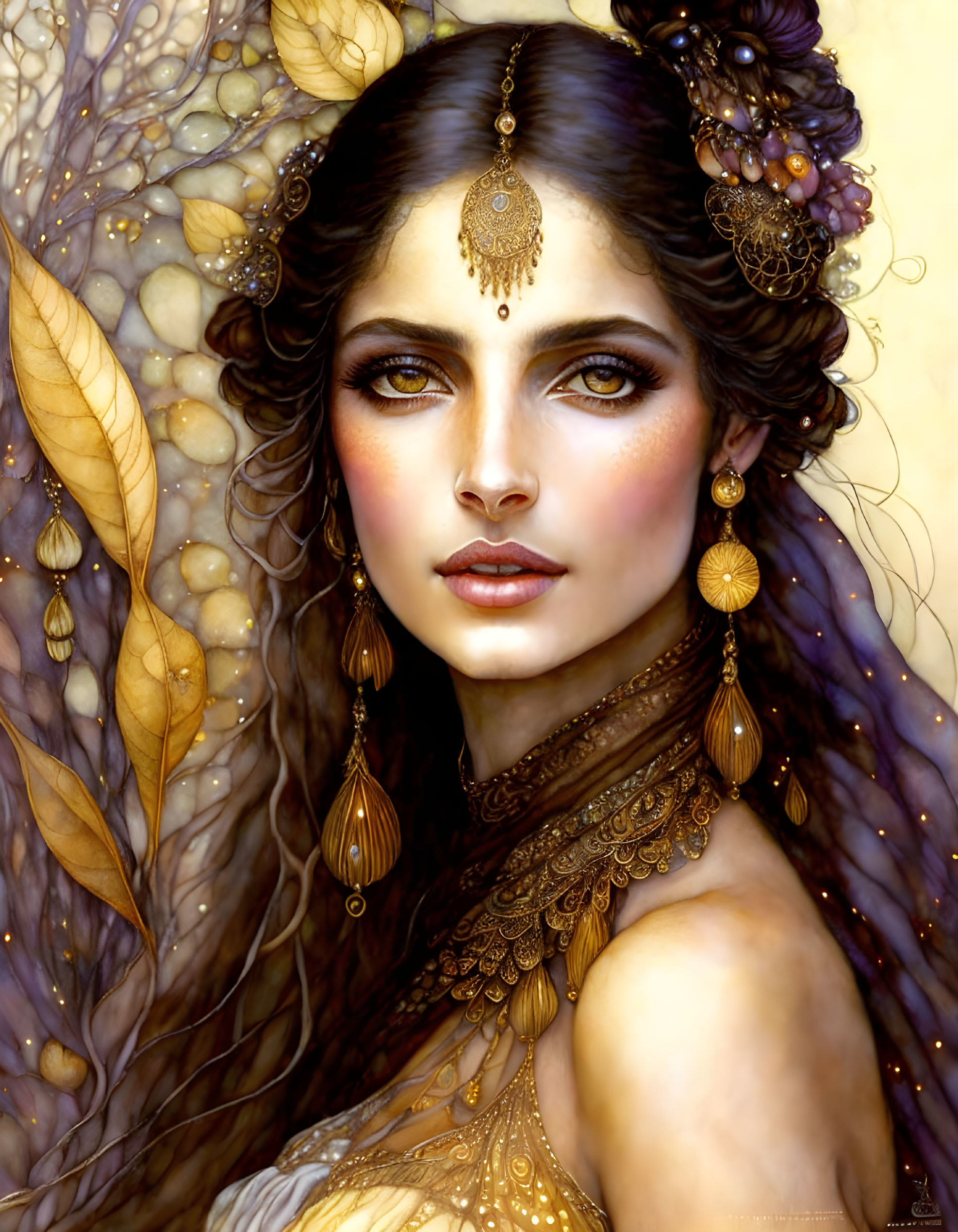 Detailed Illustration: Woman with Striking Eyes and Golden Jewelry